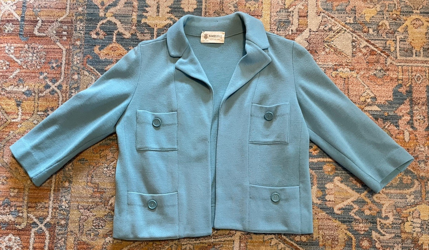 Vintage Kimberly Jacket Womens Large Blue Wool Retro Glam 1960s Boxy Blazer 50s
