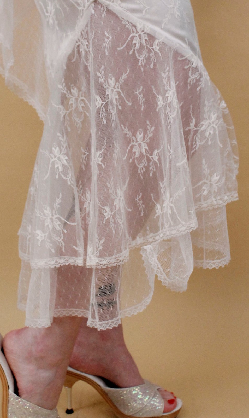 80s Vtg CLIMAX Karen Okada White Lace Angel Sleeve Dress Sheer Mesh Glam Mermaid