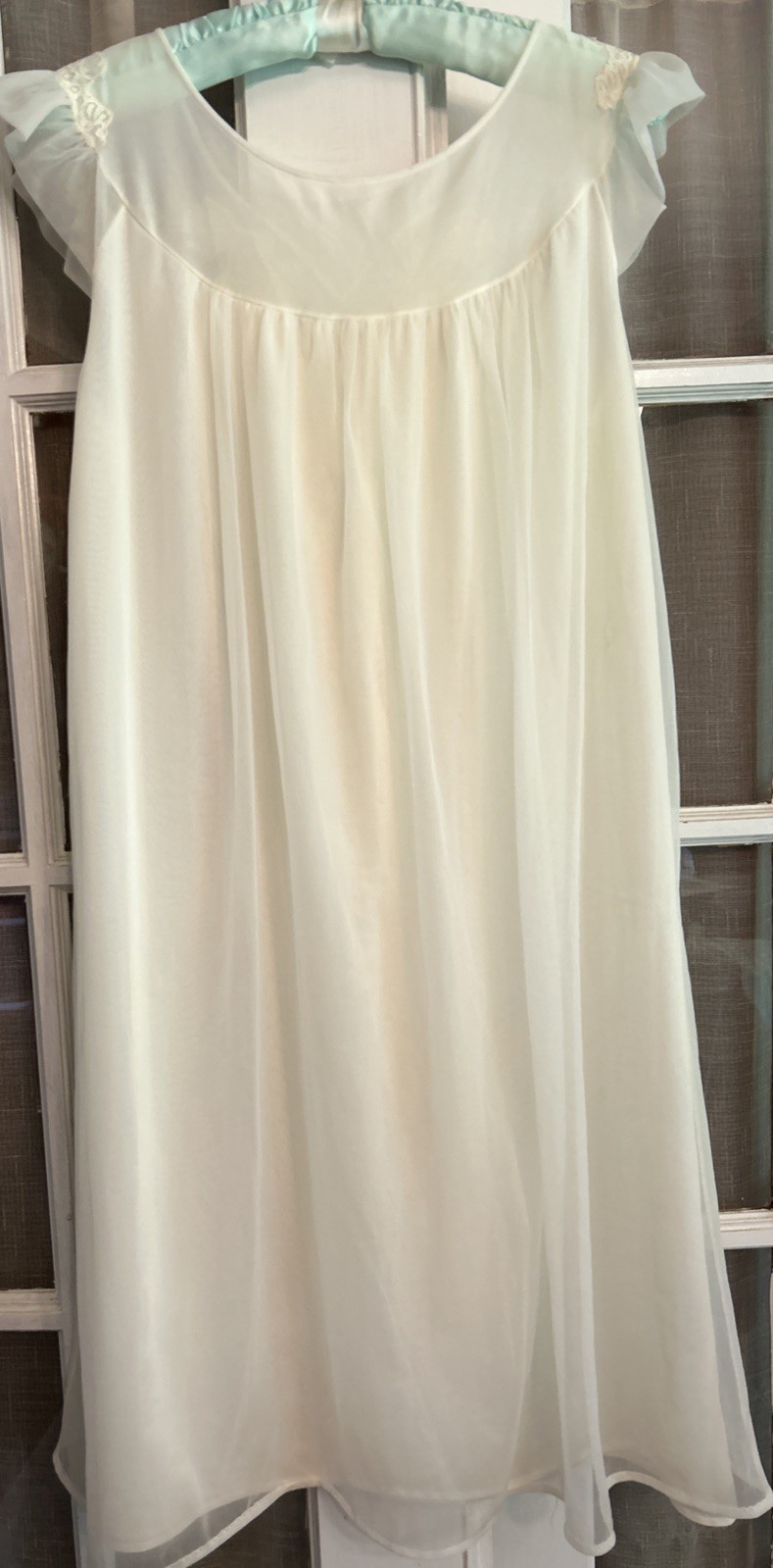 VTG 50’s Nightgown Peignoir Set Ivory Nylon Chiffon Lace Applique Coquette Sz 34