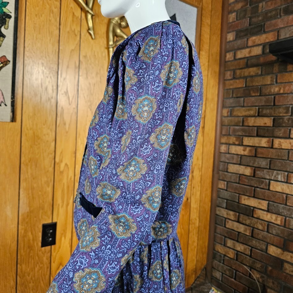 Vtg 90s Velvet Ornate Paisley British Preppy Rayon Midi Riding Vest Dress S/M