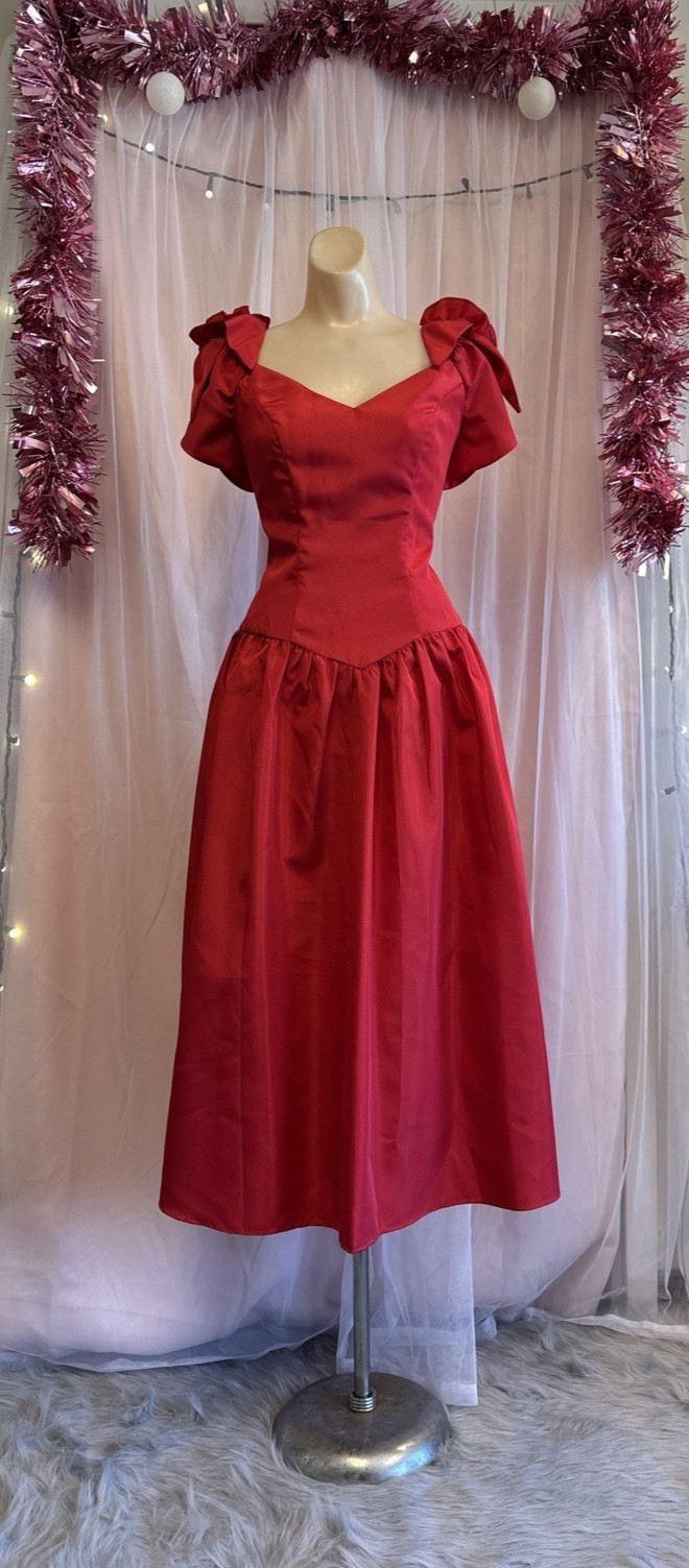 Vintage 80s Party Dress Red Puff Sleeves Bows Knee Length Prom New Wave M