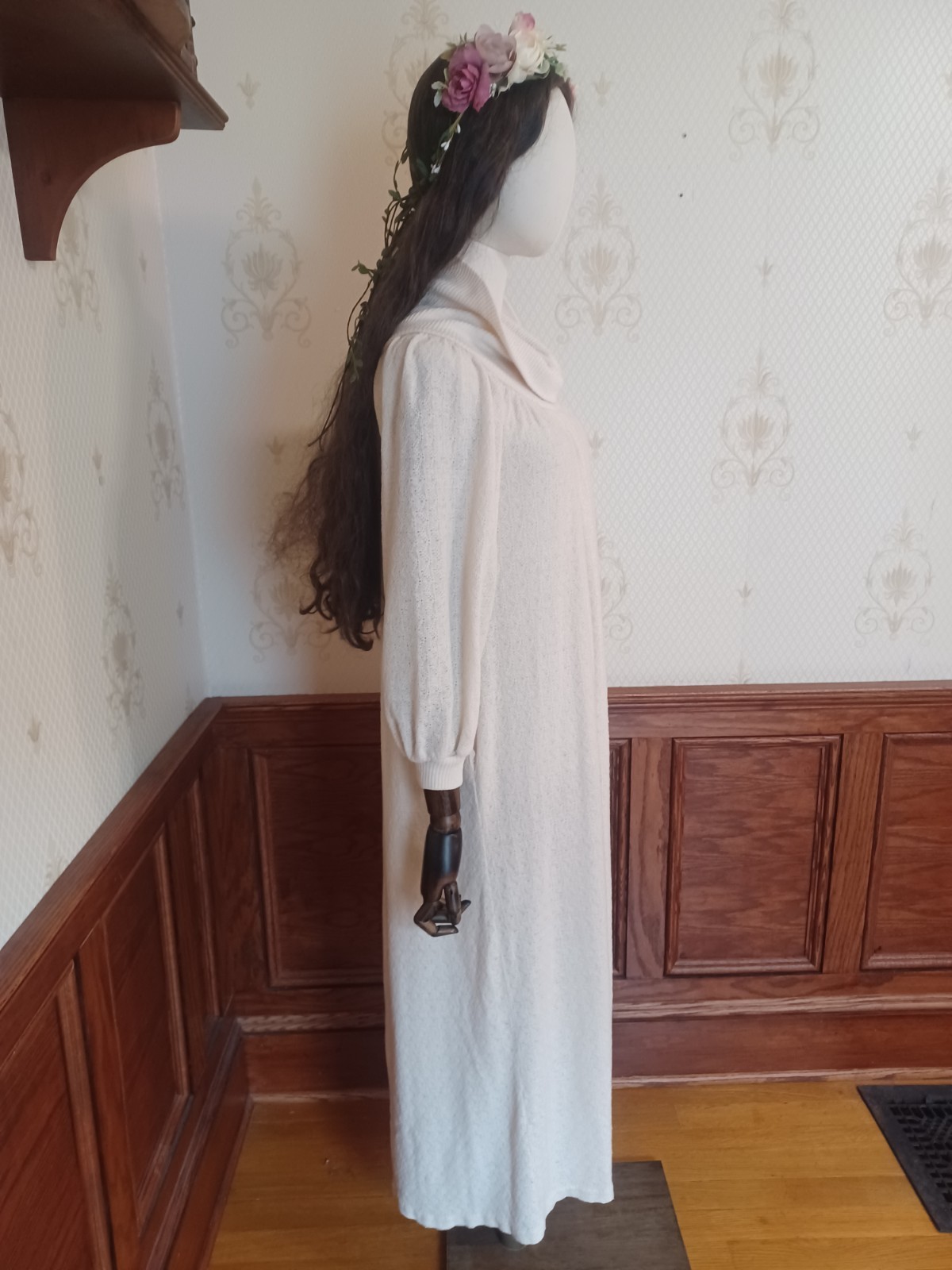 Vintage 1970s R. Michael Allen Ivory Boho Prairie Cowl Neck Knit Hostess Dress