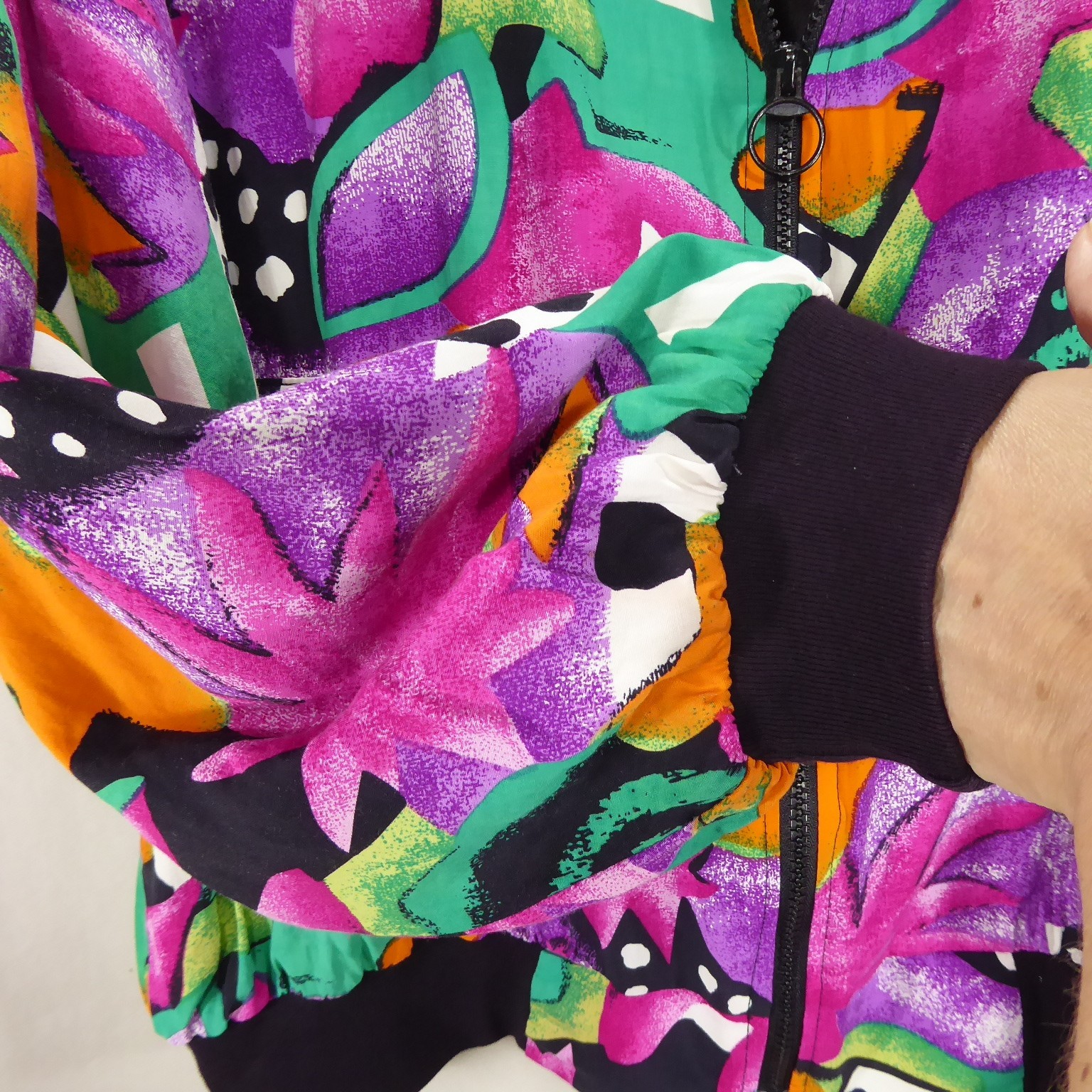 Womens Vintage 80s Caribe Silk Bomber Jacket Pink Green Abstract Geometric M/L