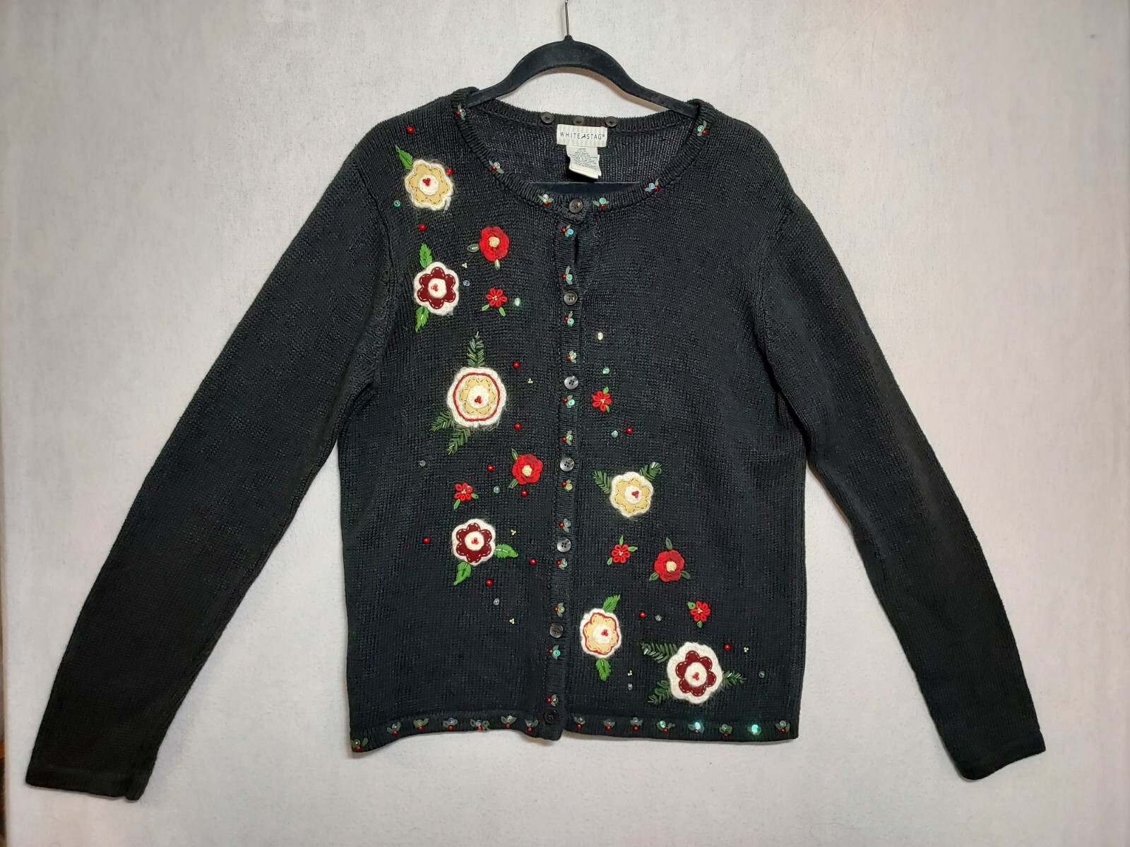 VTG Granny Core Sweater & SCARF Sz L White Stag Flowers Beaded Fringe Boho 2 Pc