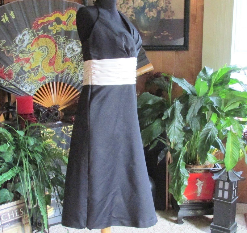 VTG Saison Blanche Black Brushed Satin Short Halter Dress Tan Cummerbund SZ 12