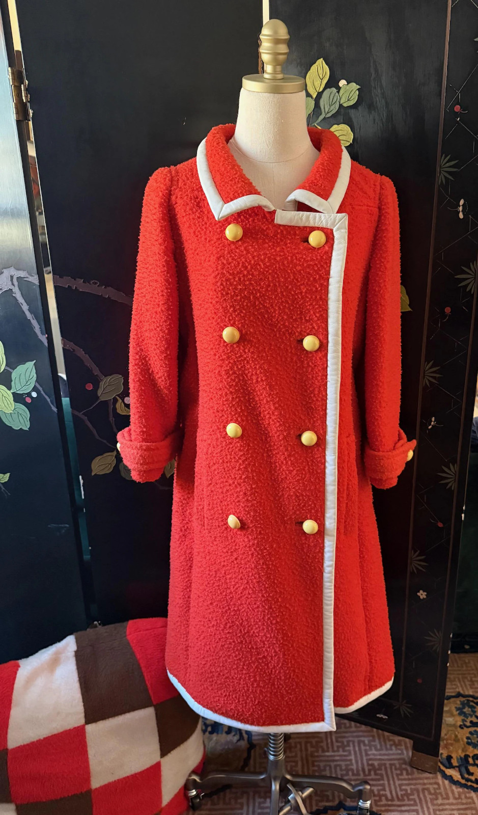 Vintage 1960s MOD Courreges Samuel Robert Poppy Red Orange Nubby Wool Coat 1965