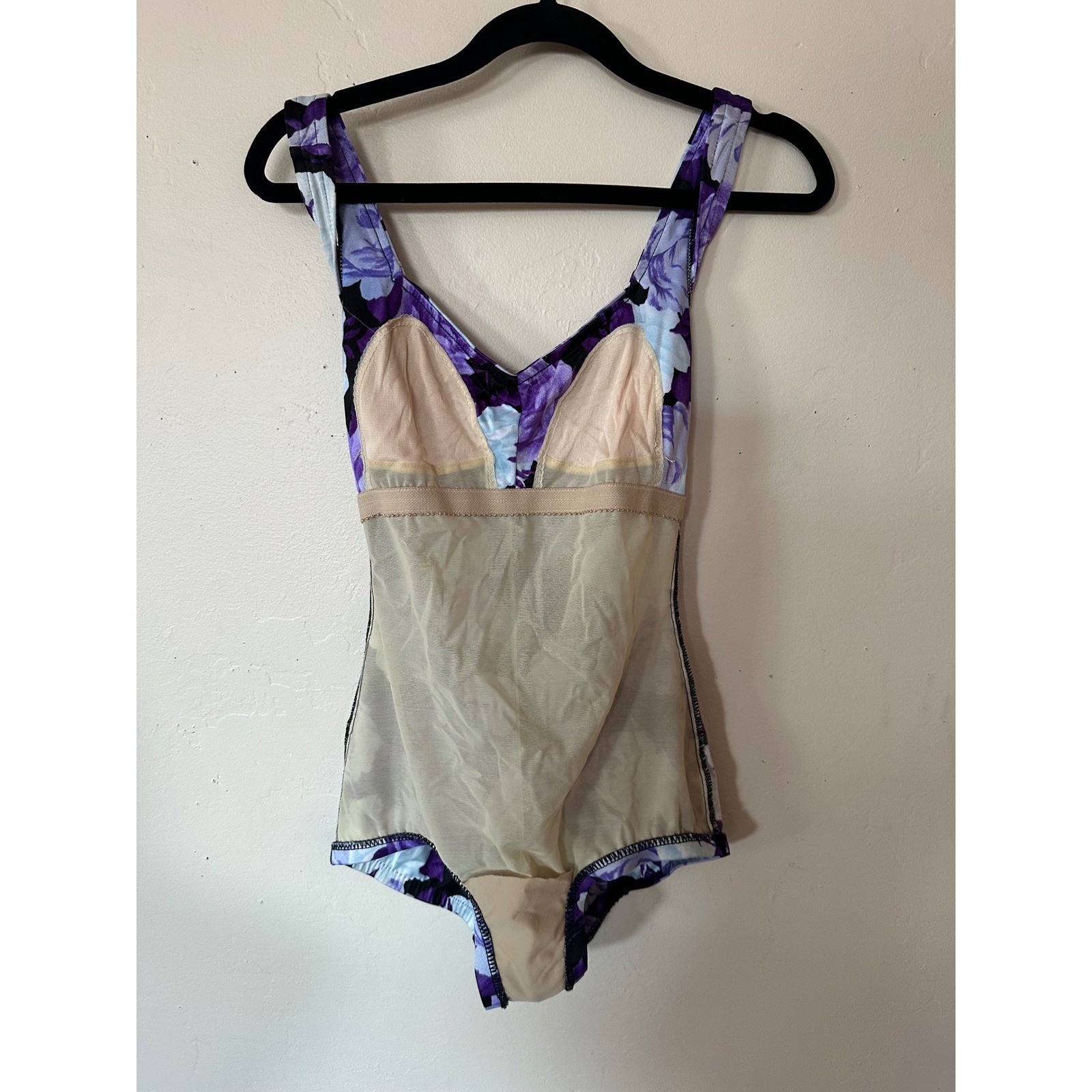 Maxine of Hollywood Vintage Floral OnePiece Swimsuit Purple Ruched Tummy Control