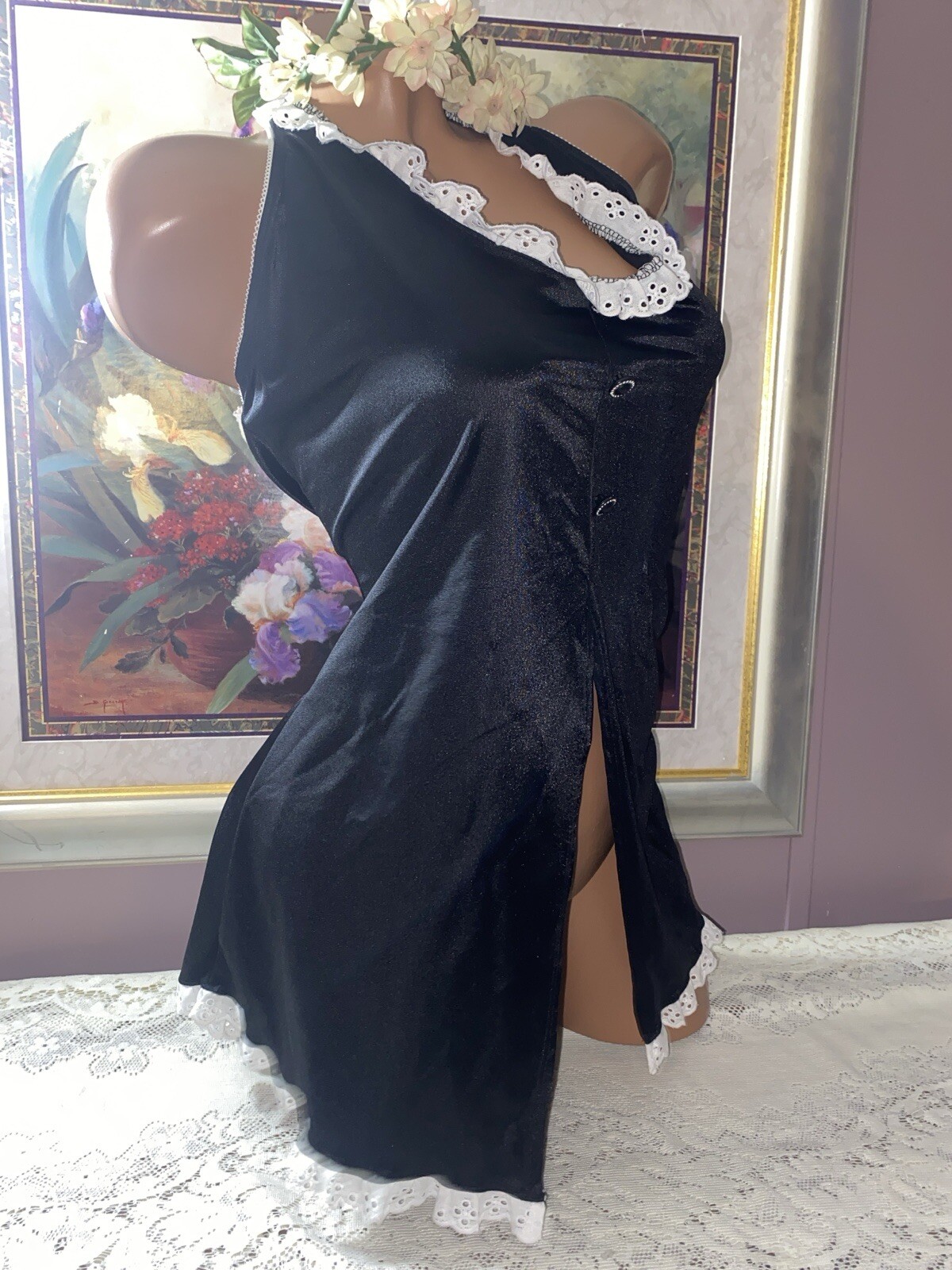 VTG SILKY NYLON SPANDEX ROLE PLAY COSPLAY FRENCH MAID SPANDEX BABYDOLL HALTER 3X