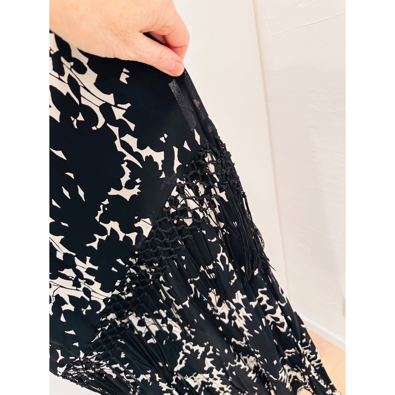 VTG 90s Sheer Black Floral Fringe Neckline Bias Cut Fairy Midi Dress Piano Shaw