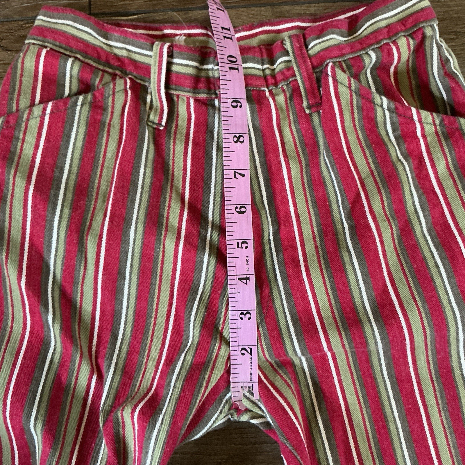 70s VTG Striped Cotton High Waist Flare Pants Red Tan Green Size W24 L29 #21E8