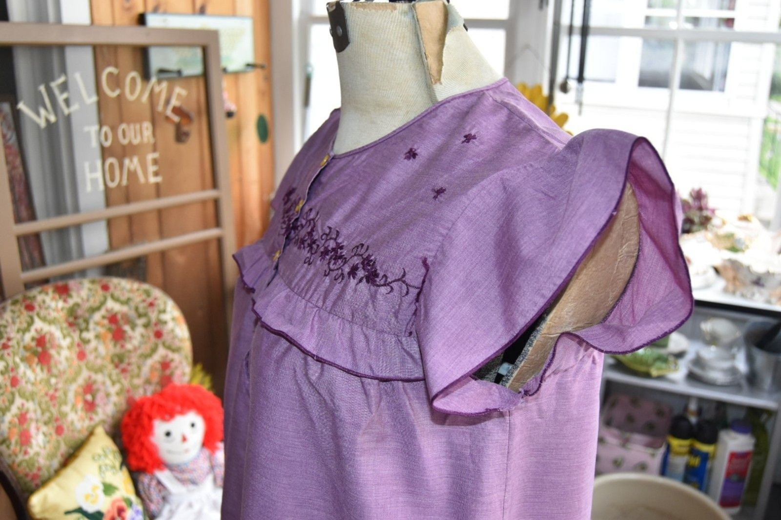 60s 'Gragero’ Cotton Nightie Embroidered Hand Dyed Ruffles-Pocket Purple-Medium