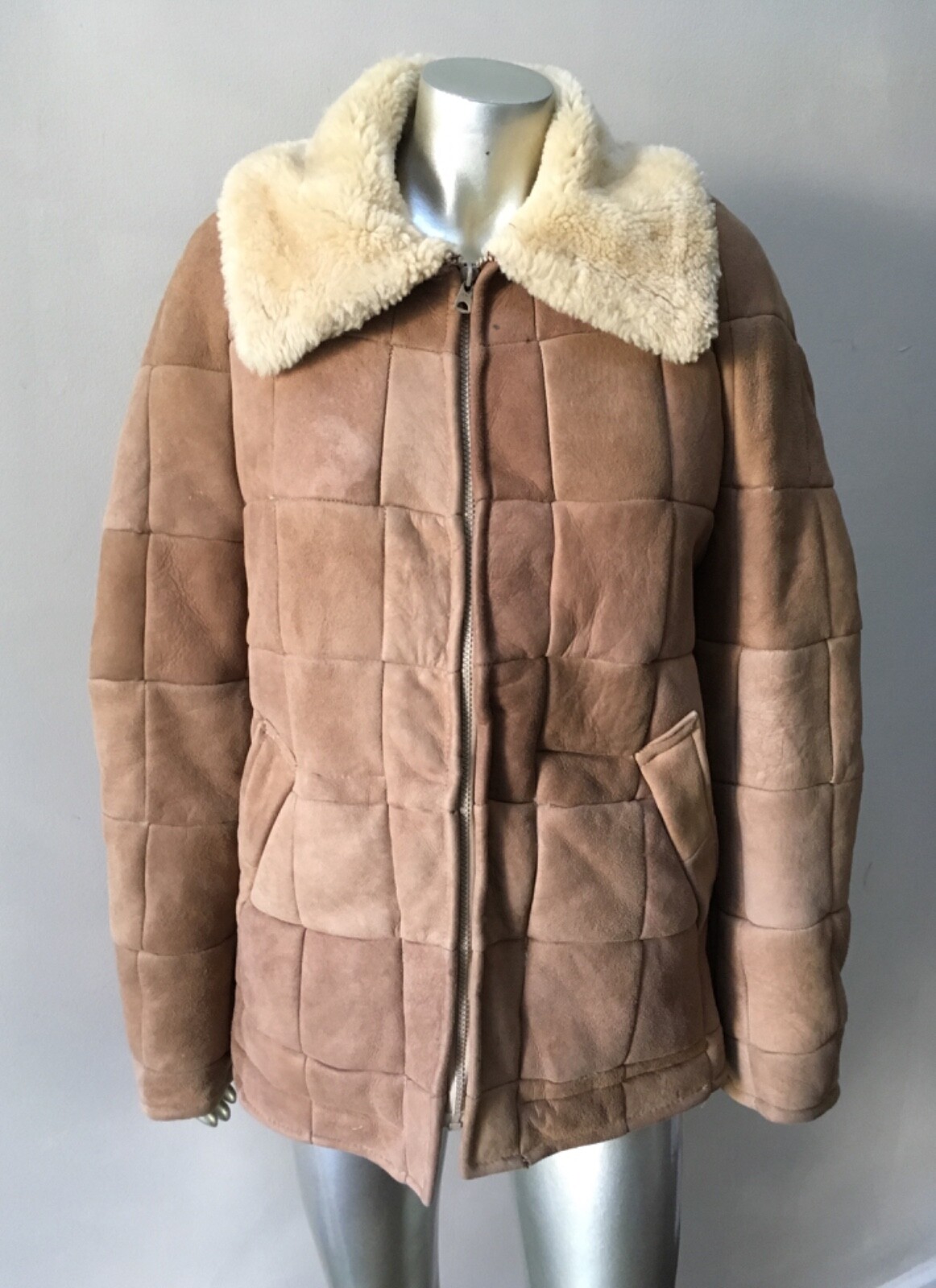 Shearling Fur Vintage 80s Real Sheepskin Lined Suede Jacket patch Jacket Coat M