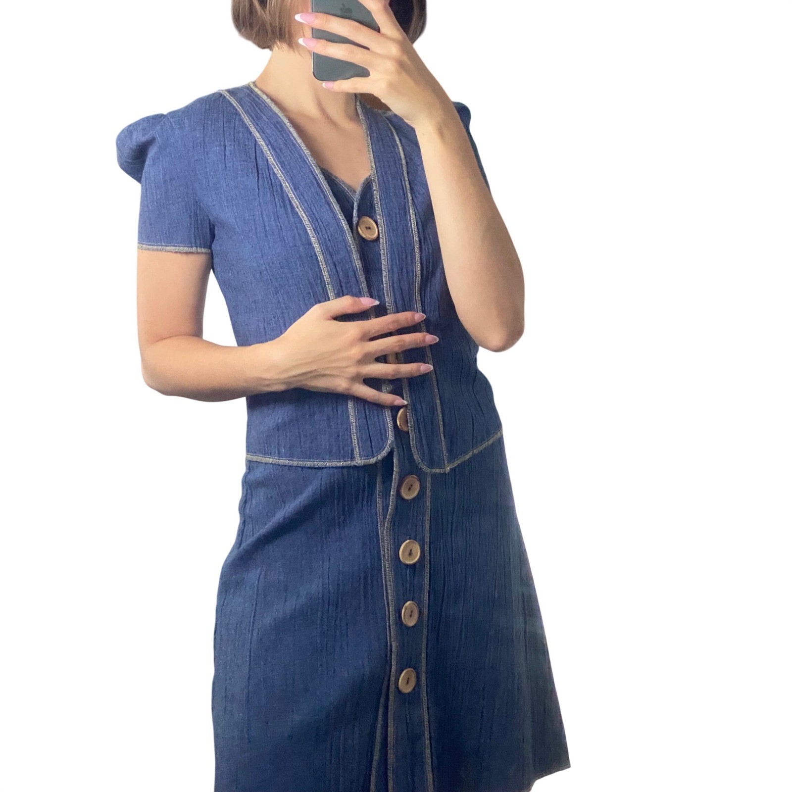 VTG 1970s Cottagecore Blue Denim Dress and Jacket Set Retro Prairie Girly Chic-S