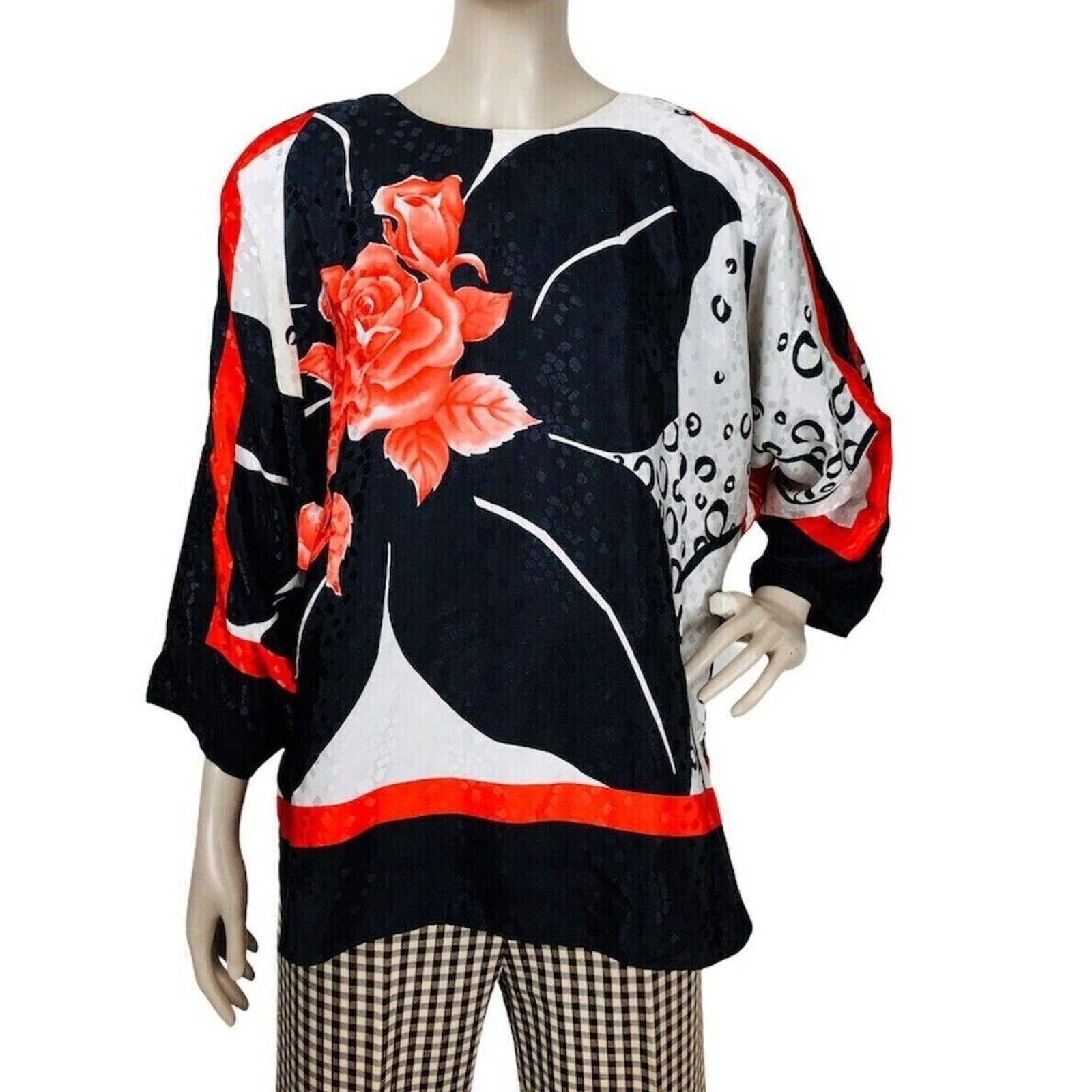 Vintage Siasia Artsy Bold Colorful Floral Brocade Batwing Sleeve Blouse Large