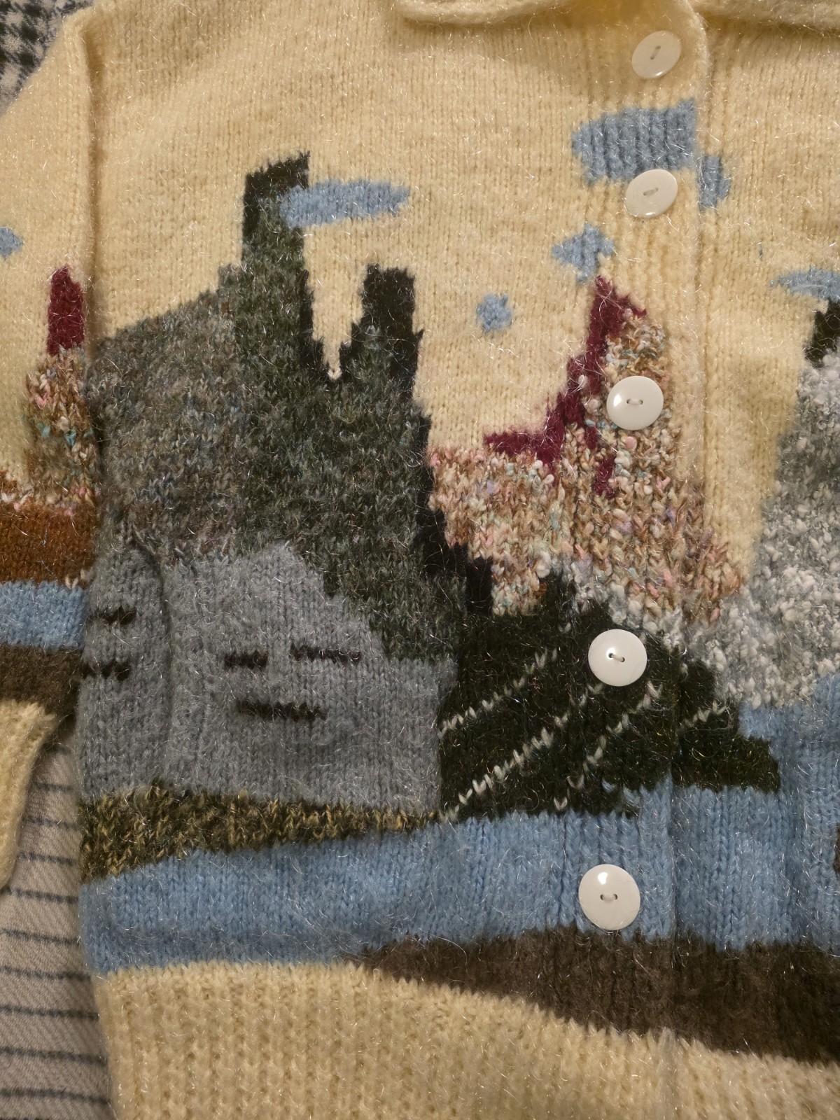 Vtg 70s Hand Knit Fuzzy Acrylic Cardigan Sweater Mountain Landscape Womens Large