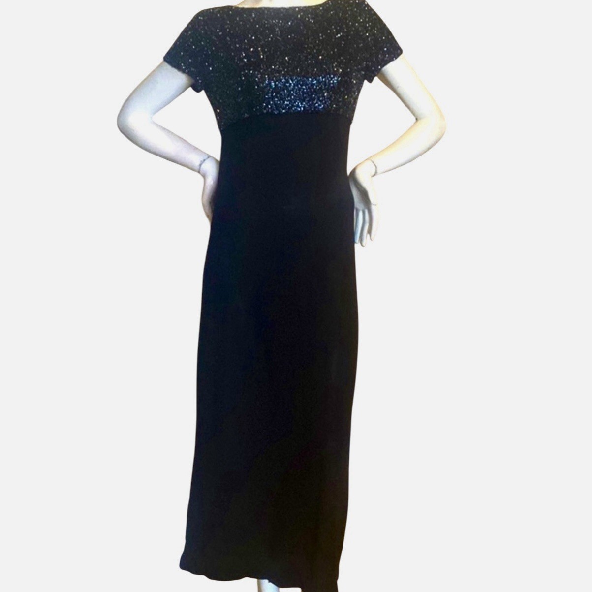 Linda Allard Ellen Tracy Maxi Dress 10 Black Vintage 80s 90s Beaded Glamour