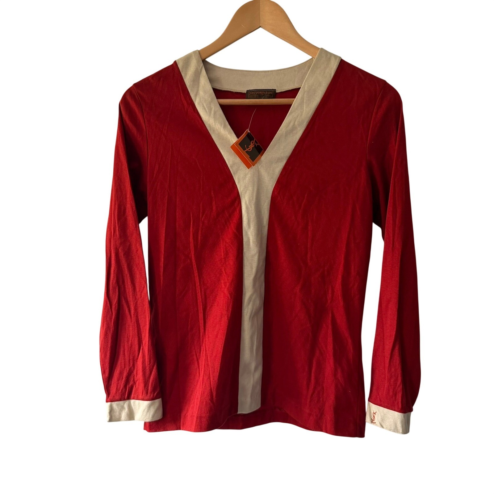 Vintage 1970s Yves Saint Laurent YSL Red V-Neck Long Sleeve Top NWT Small