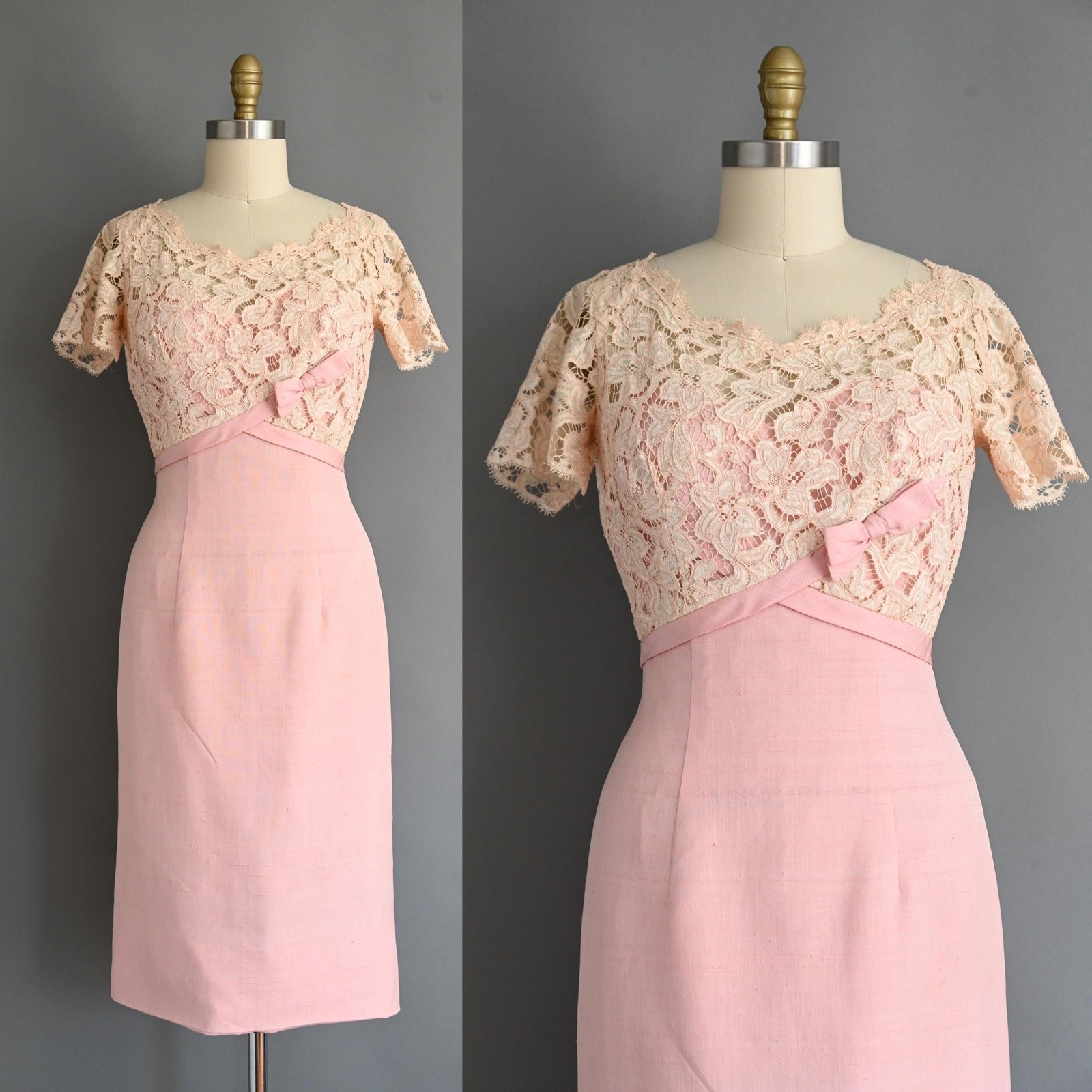 vintage 1950s dress | Terry Allen Pastel Pink Lace cocktail Dress | Medium