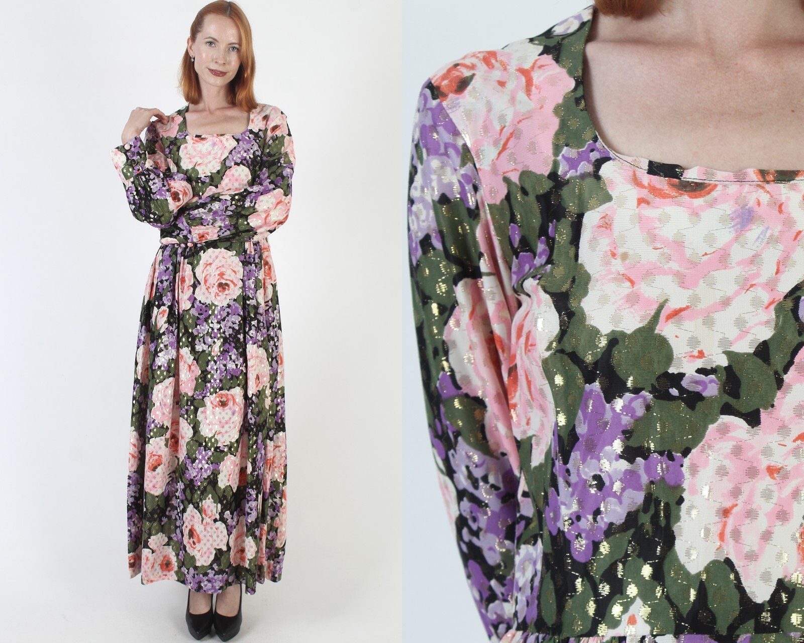 Vtg 70s Gold Metallic Dress Long Floral Cocktail Party Evening House Lounge Gown