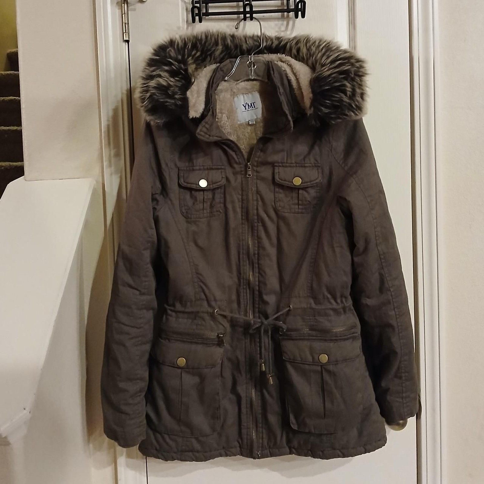 Y2K green parka utility jacket faux sherpa lining pockets faux fur trim hood M