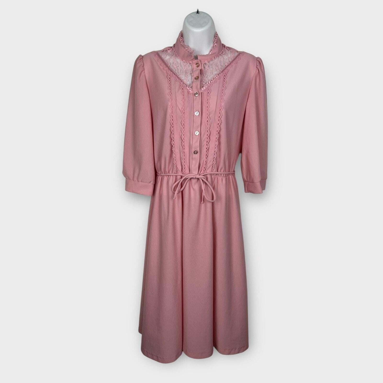 70s Montgomery Ward Pink Lace Prairie Midi Dress Cottagecore Romantic Medium