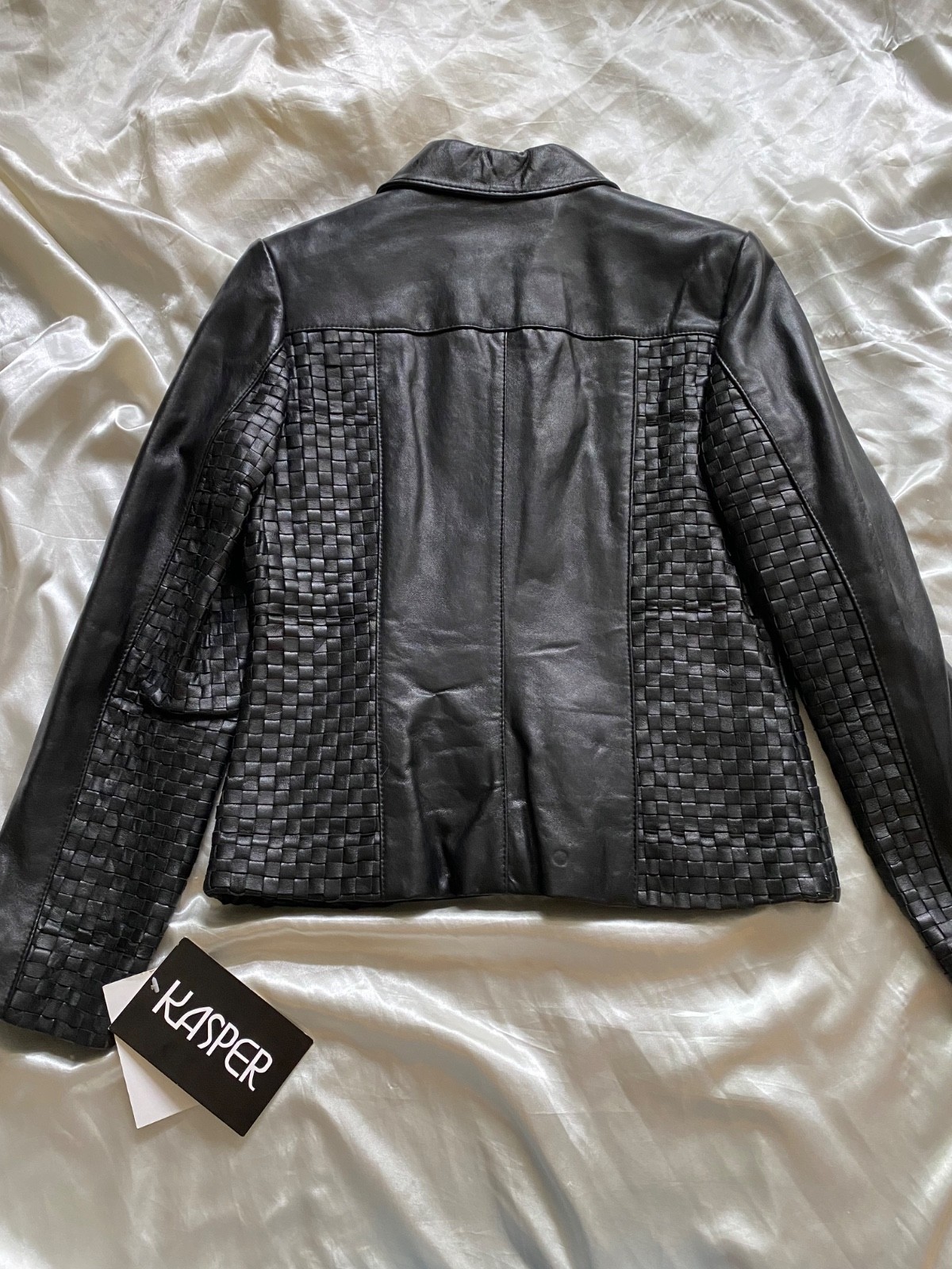 Vintage 1990s NWT Black Woven Leather Jacket Minimalist Medium Classic