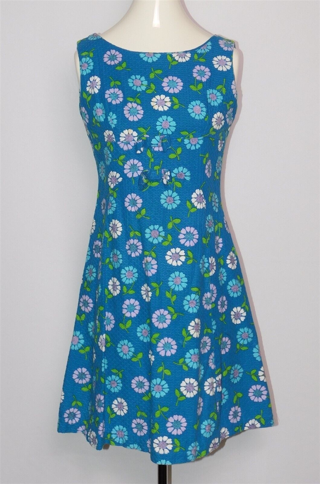 Vintage 1960s Womens Pink & Blue Seersucker Floral A-Line Dress