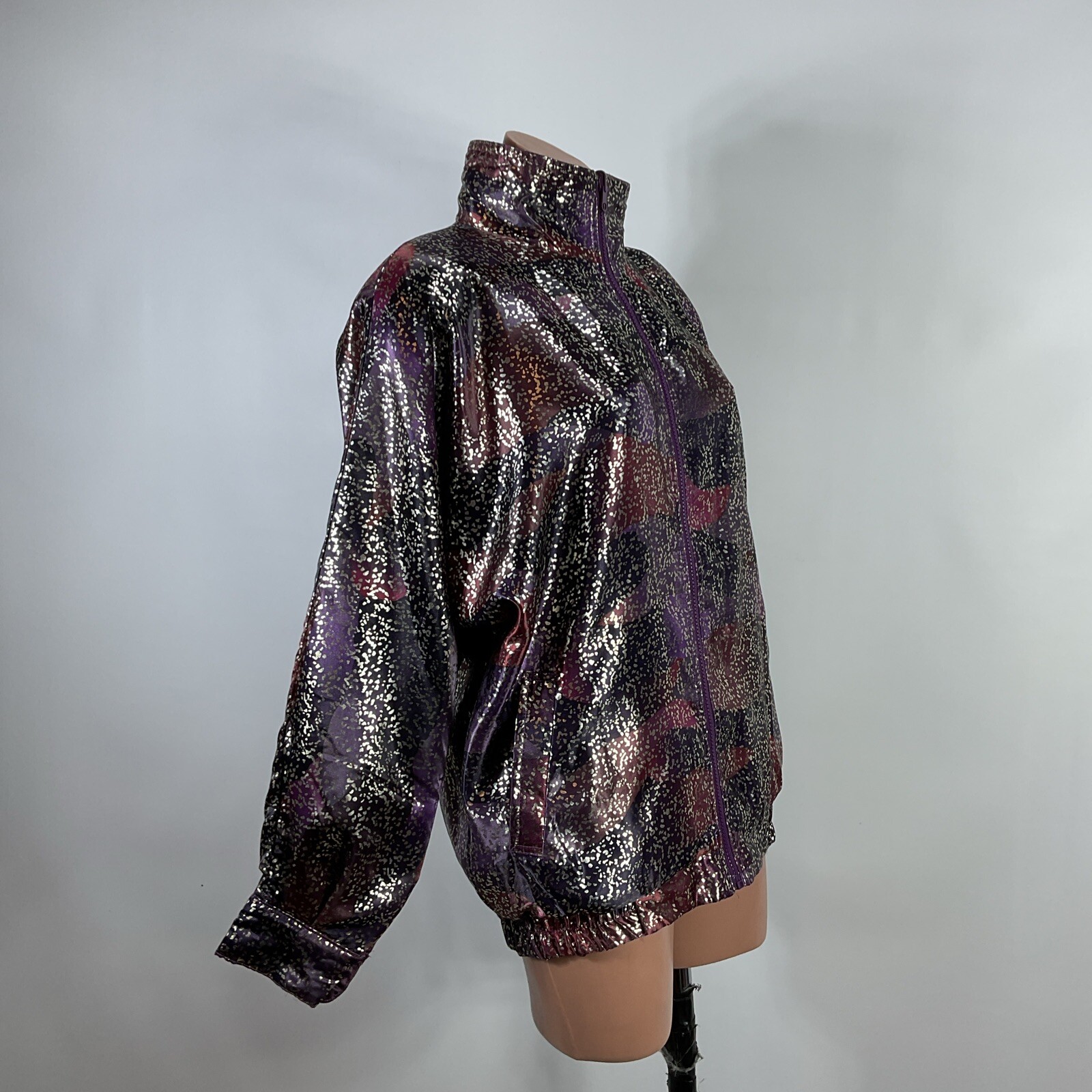 Vintage Rafael Satin Bomber Jacket Y2K Reversible Metallic Purple Animal Print S