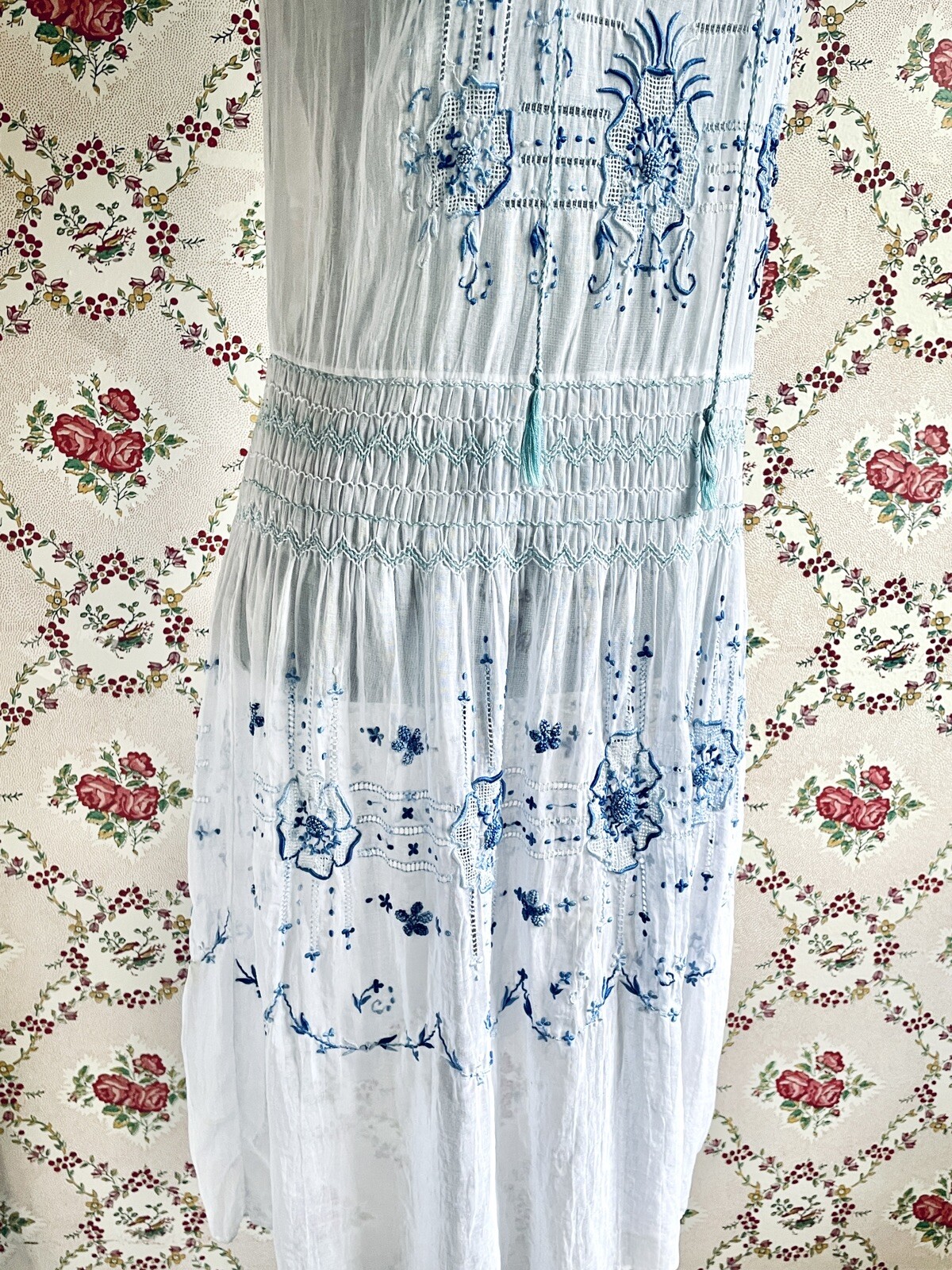 Vintage Dress Flapper 1920 White Cotton Voile Blue Embroidered Hungarian Peasant