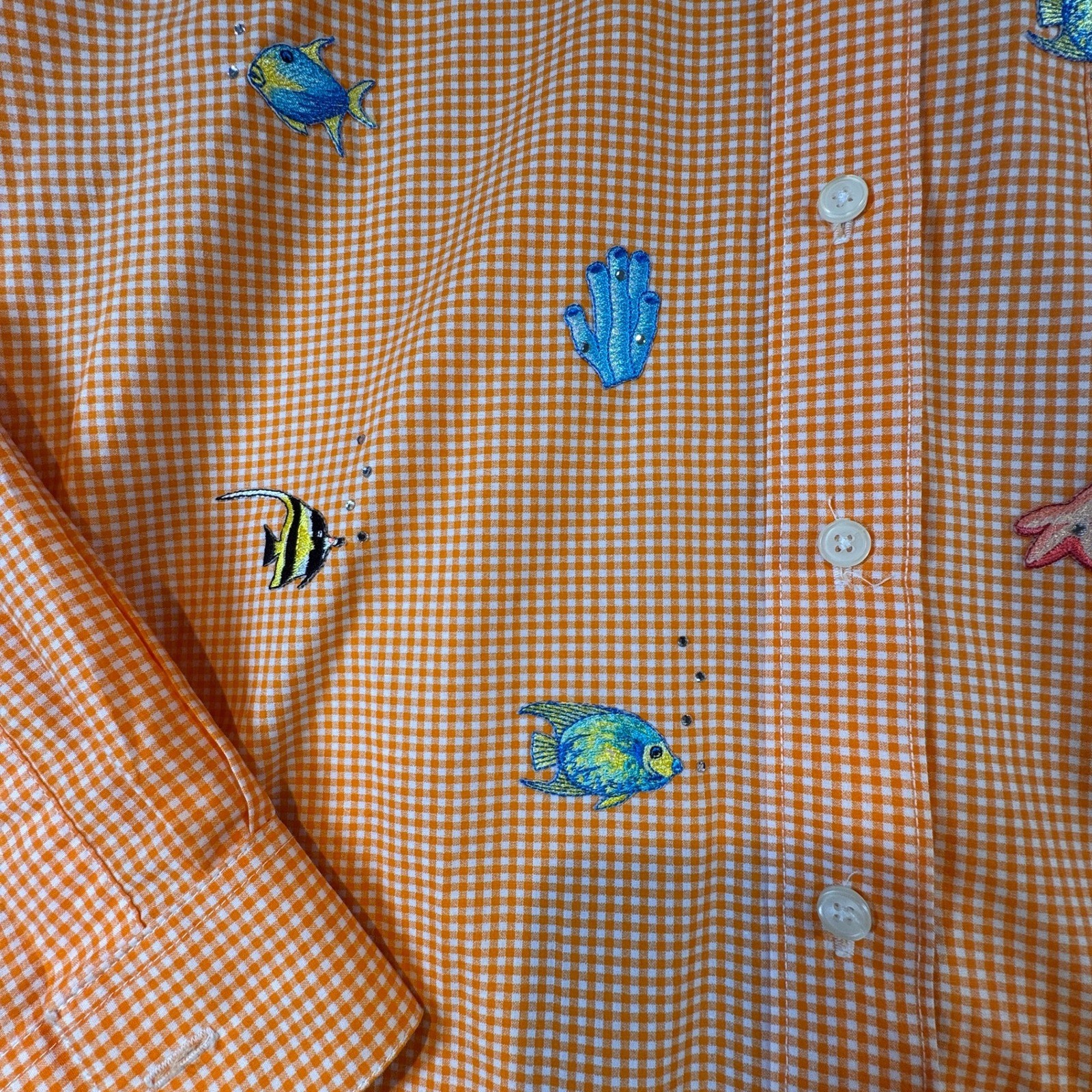 Vintage Tia Designs Orange Gingham Fish Embroidered Button Down Shirt Medium USA