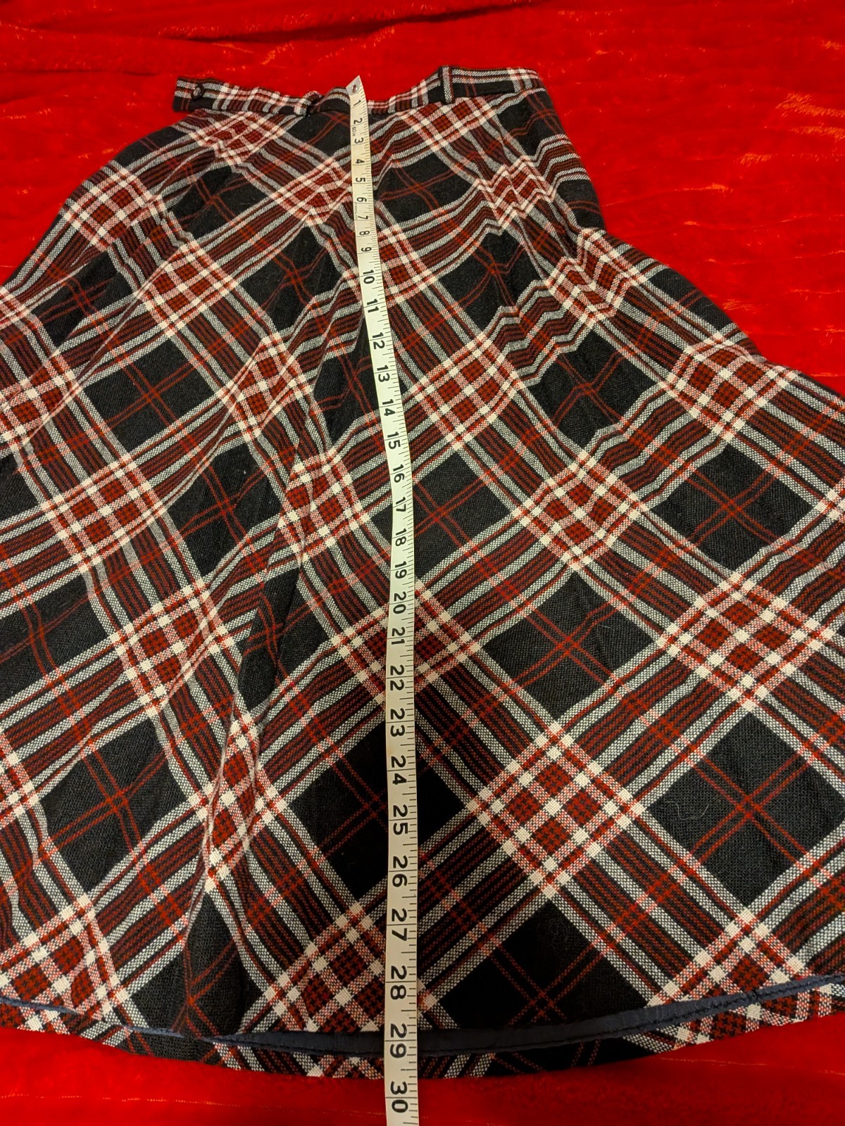 vintage wool blend plaid midi skirt set; Barclay Square, red black white brown