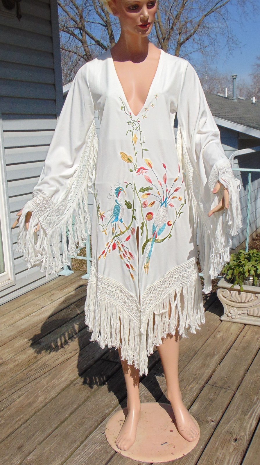 Vtg Rachel Welch Replica Iconic Embroidered Peacock Fringe Hippie Dress