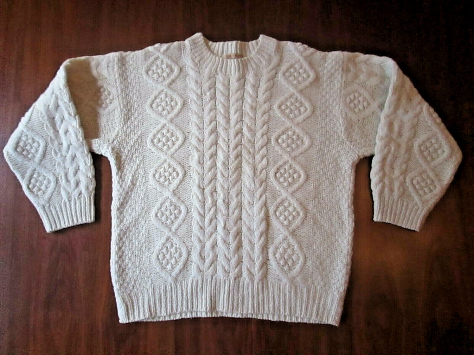 Vintage SURF PUPPY 100% New Wool – Cable Knit Fishermen Sweater – Size F – Ivory