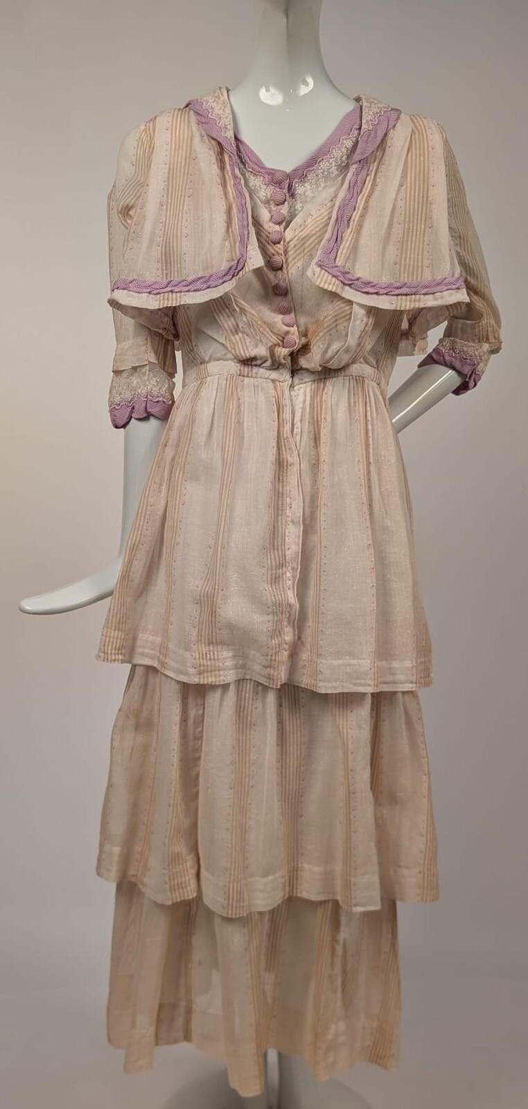 EDWARDIAN STRIPED MUSLIN DRESS W LAVENDER SILK EDGING + TRIPLE TIERED SKIRT