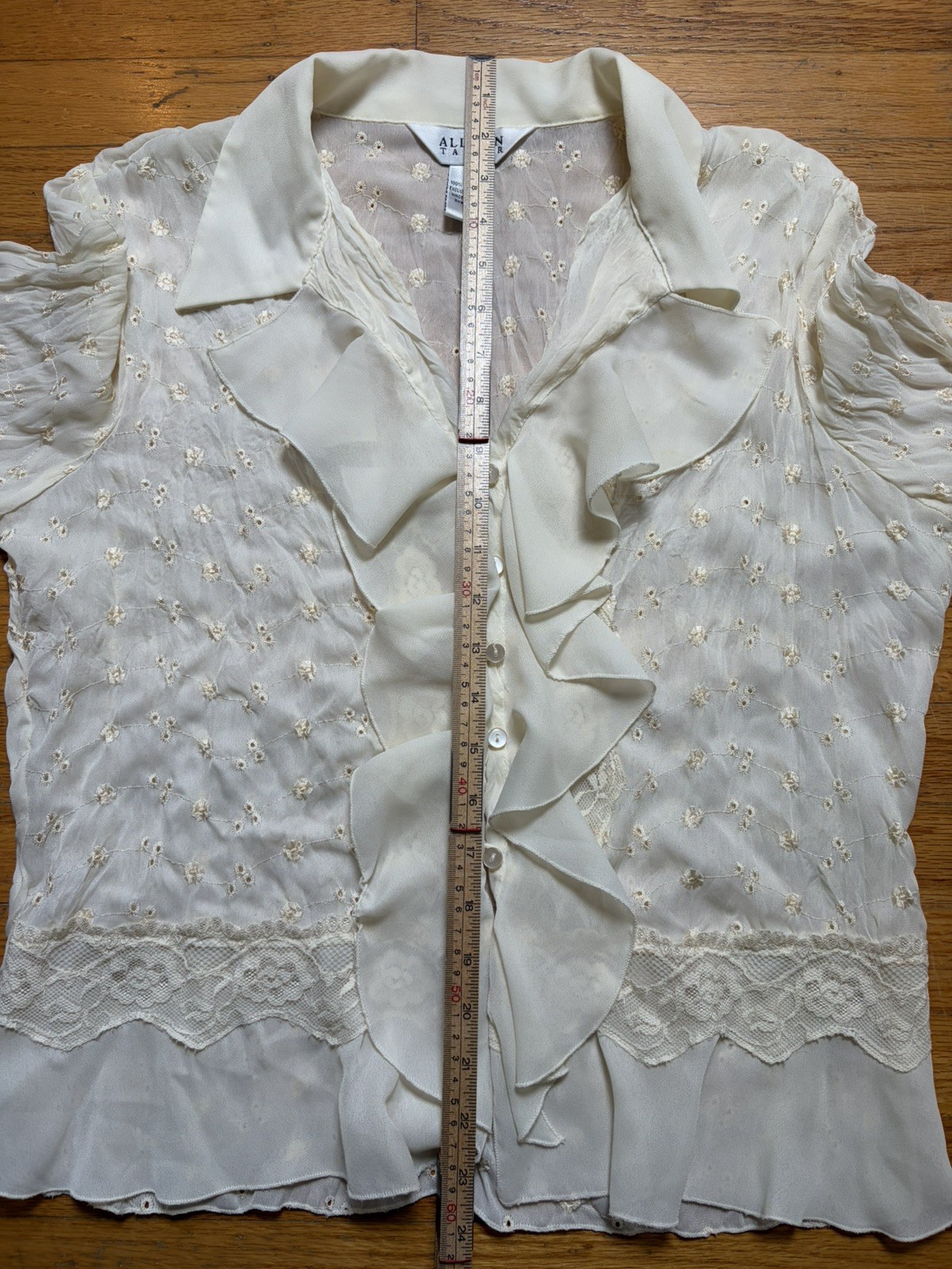 Vintage 90s Y2K Cream Lace Long Sleeve Top Sz L Fairy Coquette Ruffle Sheer