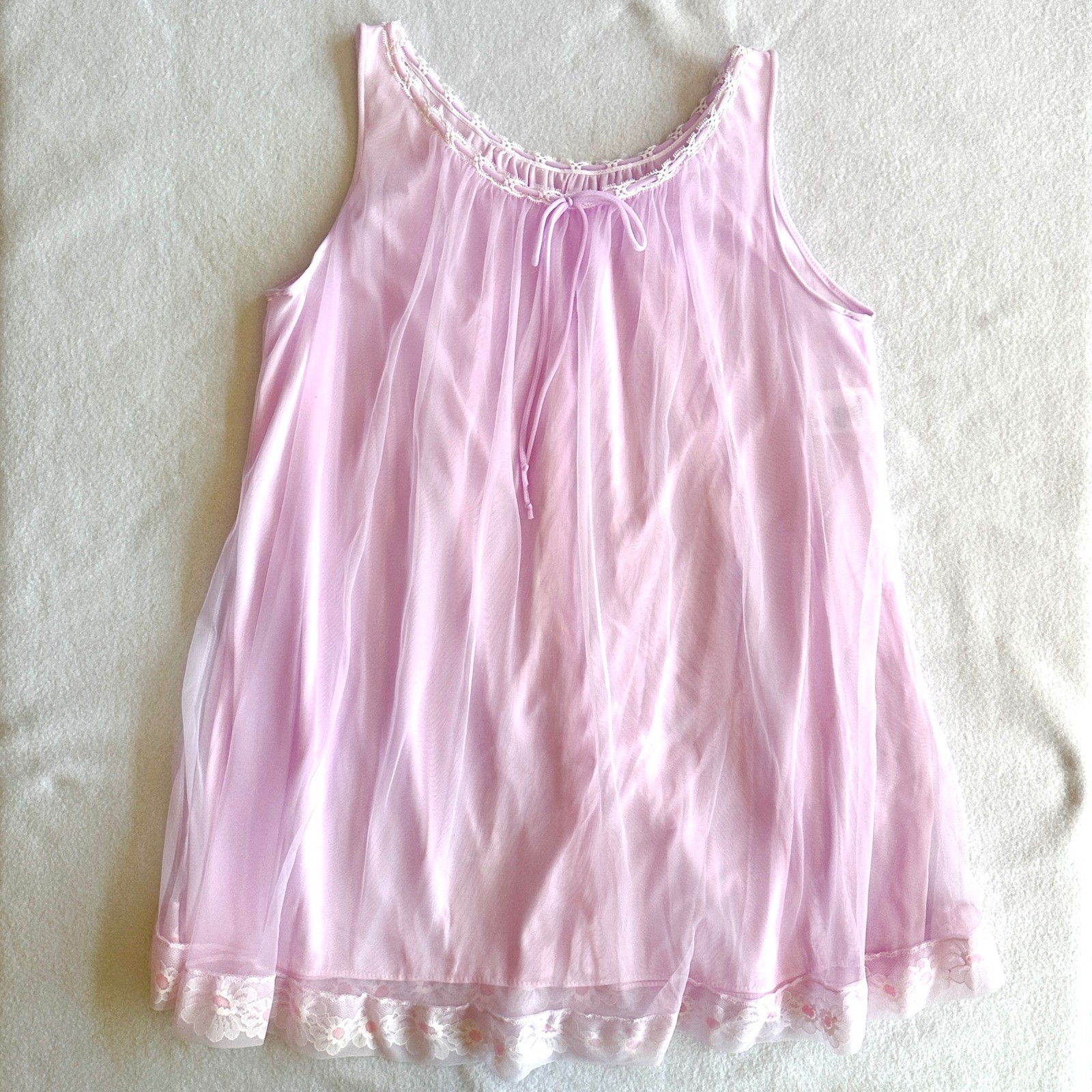 Vintage 1970s Chiffon Peignoir Set 2pc Lavender Lace Babydoll Nightgown ILGWU