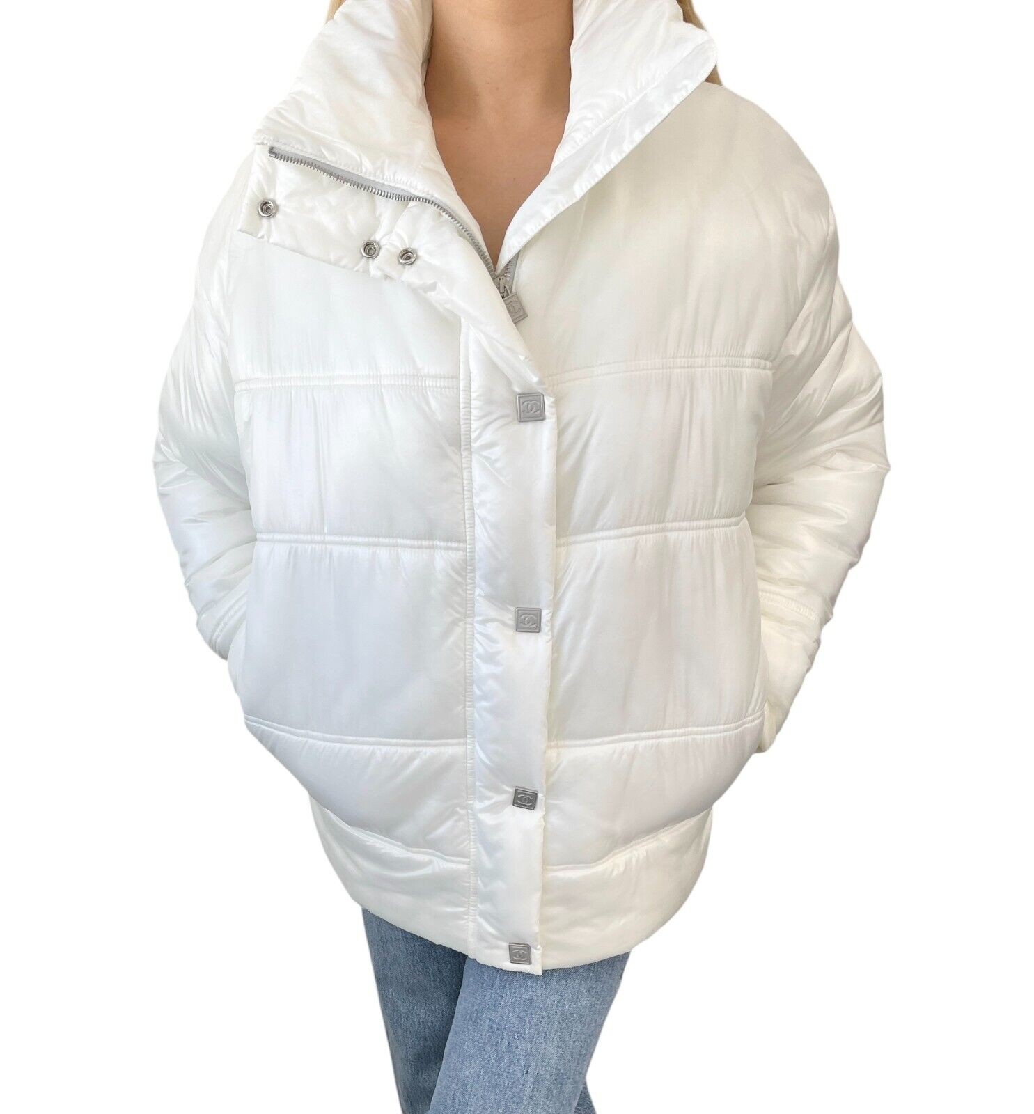 CHANEL Sport Vintage 03A CC Logo Puffer Jacket #38 Zip Button White Polyamide
