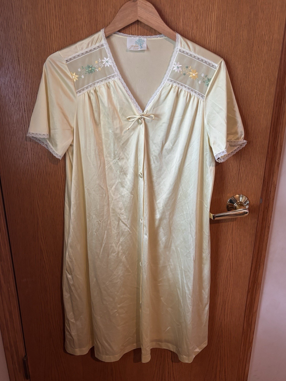 Vintage Jolie Two Yellow Embroidered Satin Lace Nightgown JCPenney Sz Small New