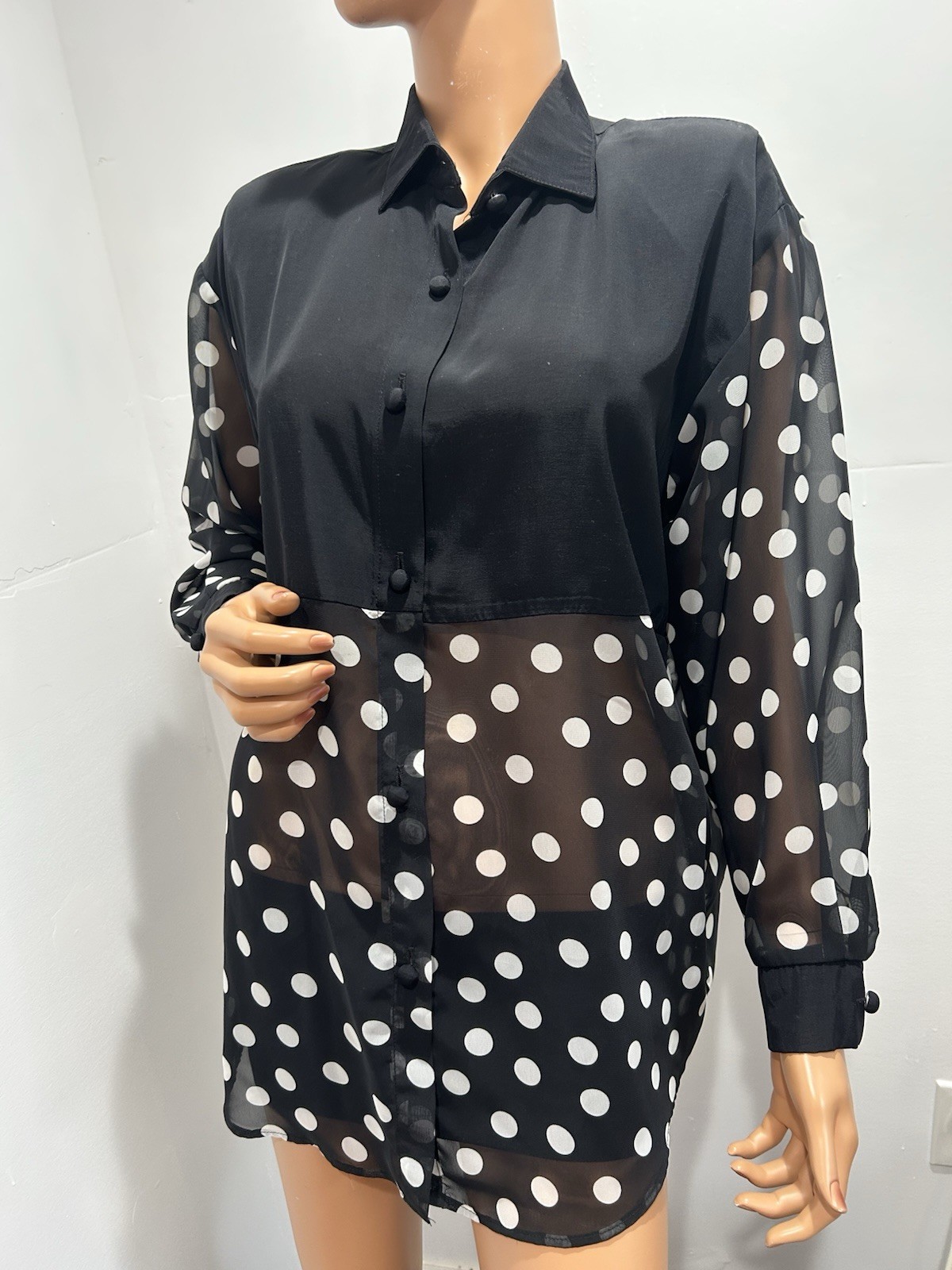 Dani An Vintage Blouse black white polka dots long sleeves size large