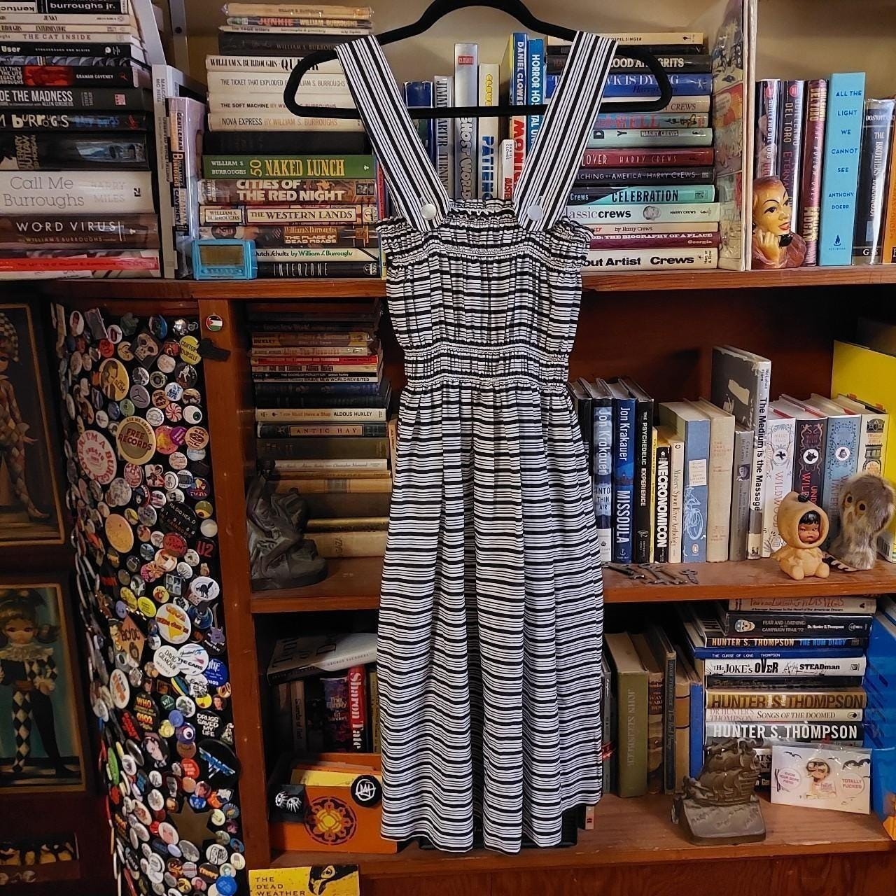 Vintage homemade black and white striped dress with elastic stretchy top.