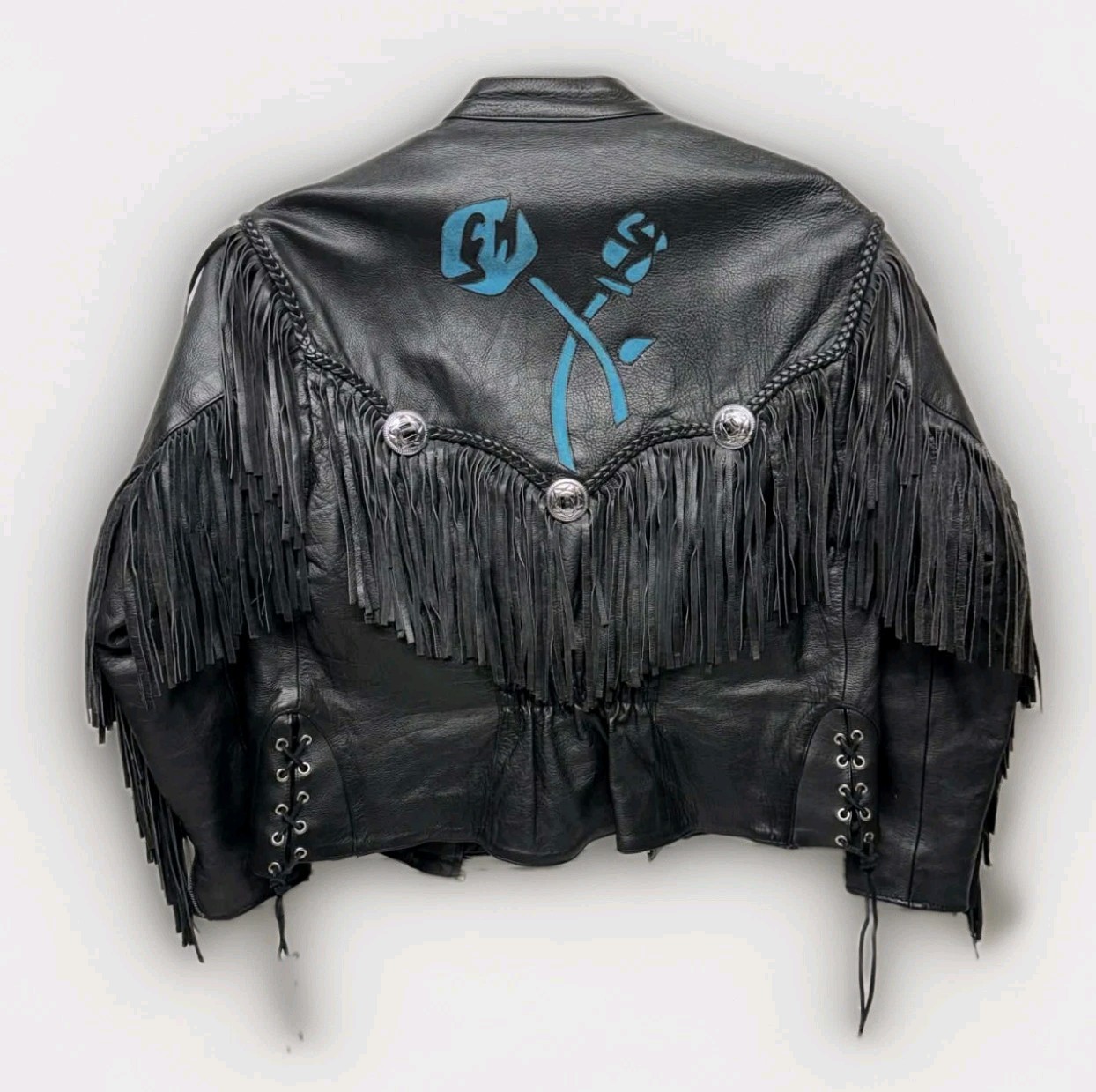 Vintage Black Leather Biker Jacket Women’s Fringe Turquoise Rose Appliqué