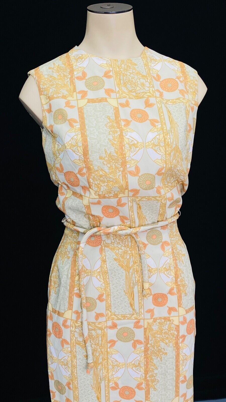 Vintage 1960s white Asian style dress, tan brown orange gold floral summer XXS