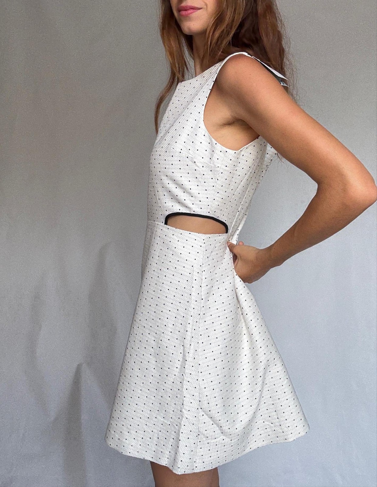 Cotton mini dress with side cutouts, Size US M, White outfit with navy dots