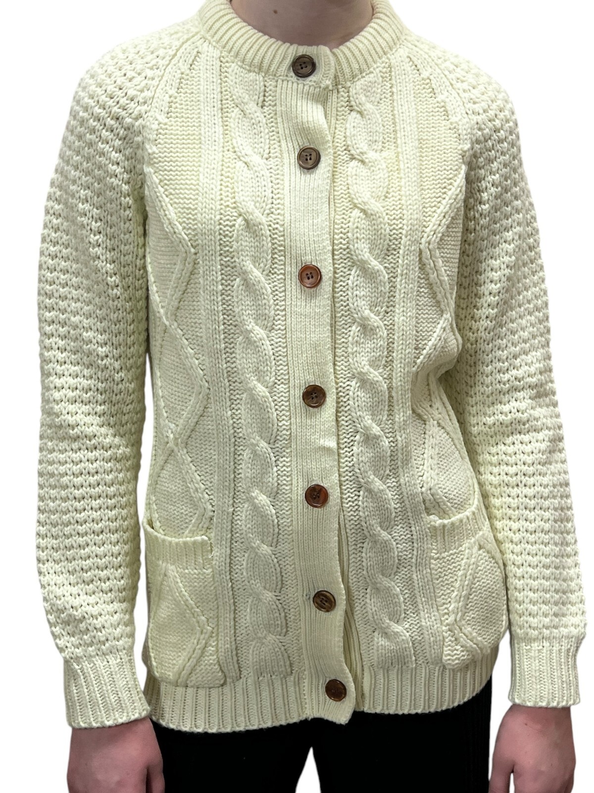 NOS Vtg 60s S Cardigan Sweater Cable Knit Fisherman Button Down Pockets