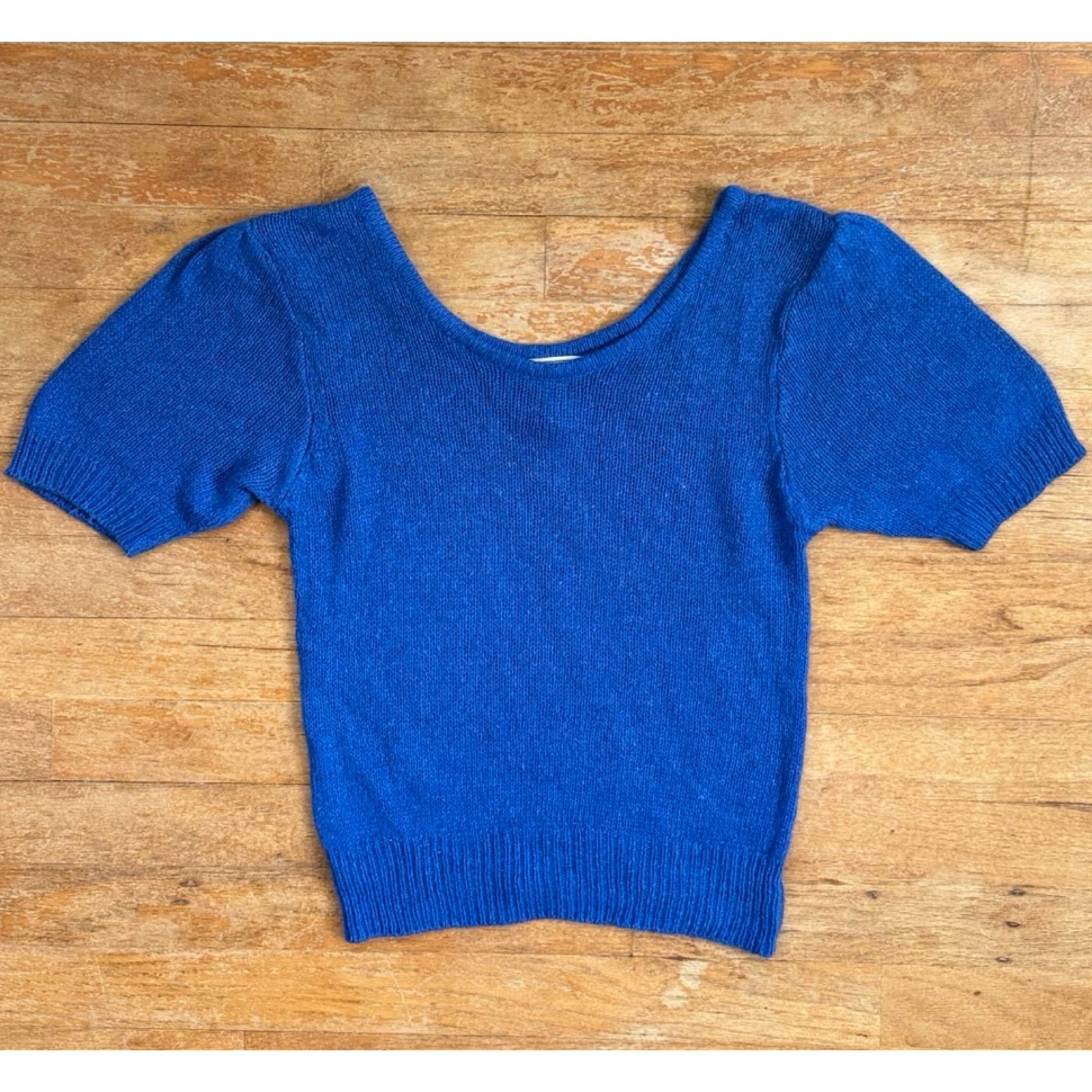 Vintage Blue Knit Cropped Sweater Top Size XS/Small Silk/Linen/Angora 80s Scoop