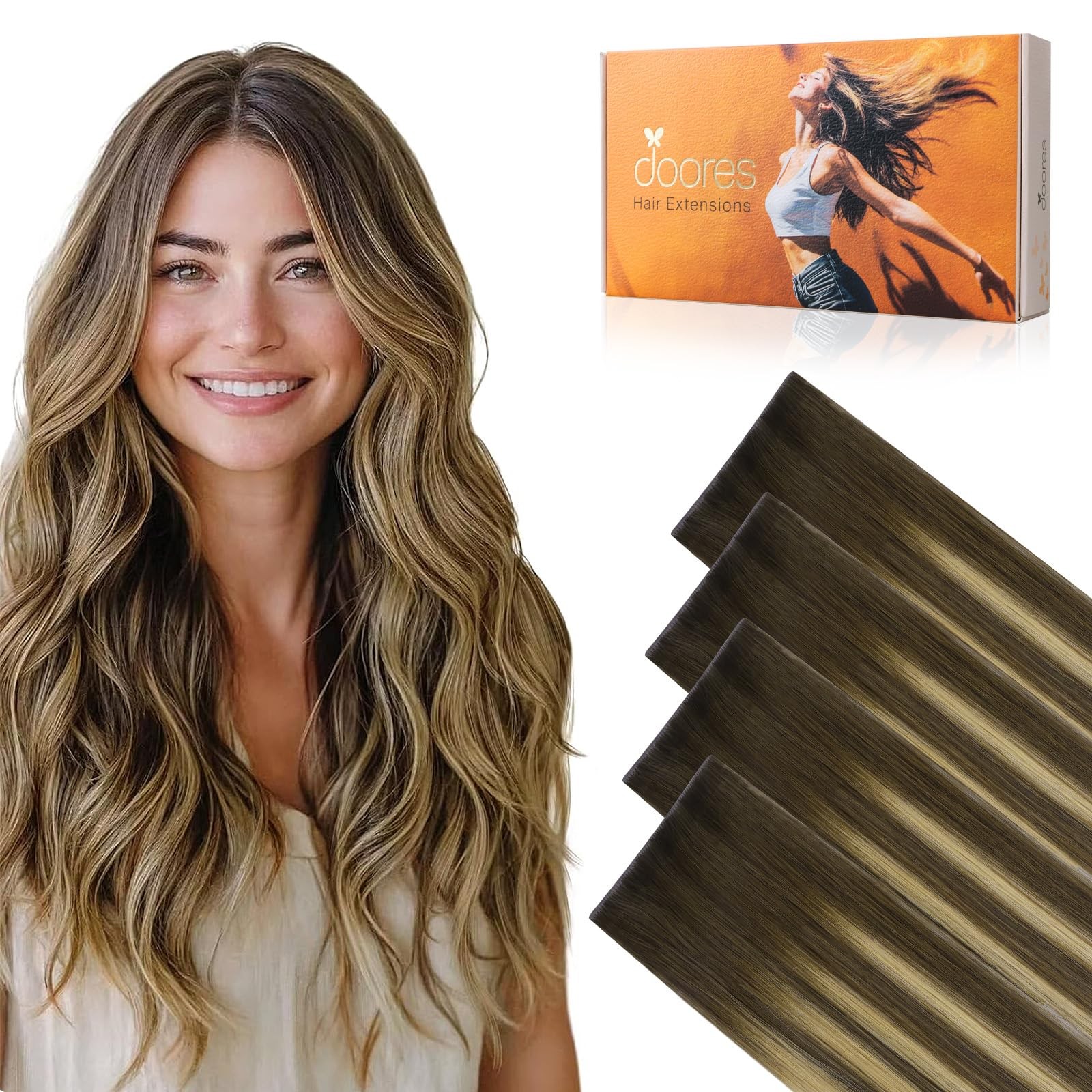 DOORES Invisi Edge Tape in Wide Hair Extensions Human Hair, Chocolate Brown to C