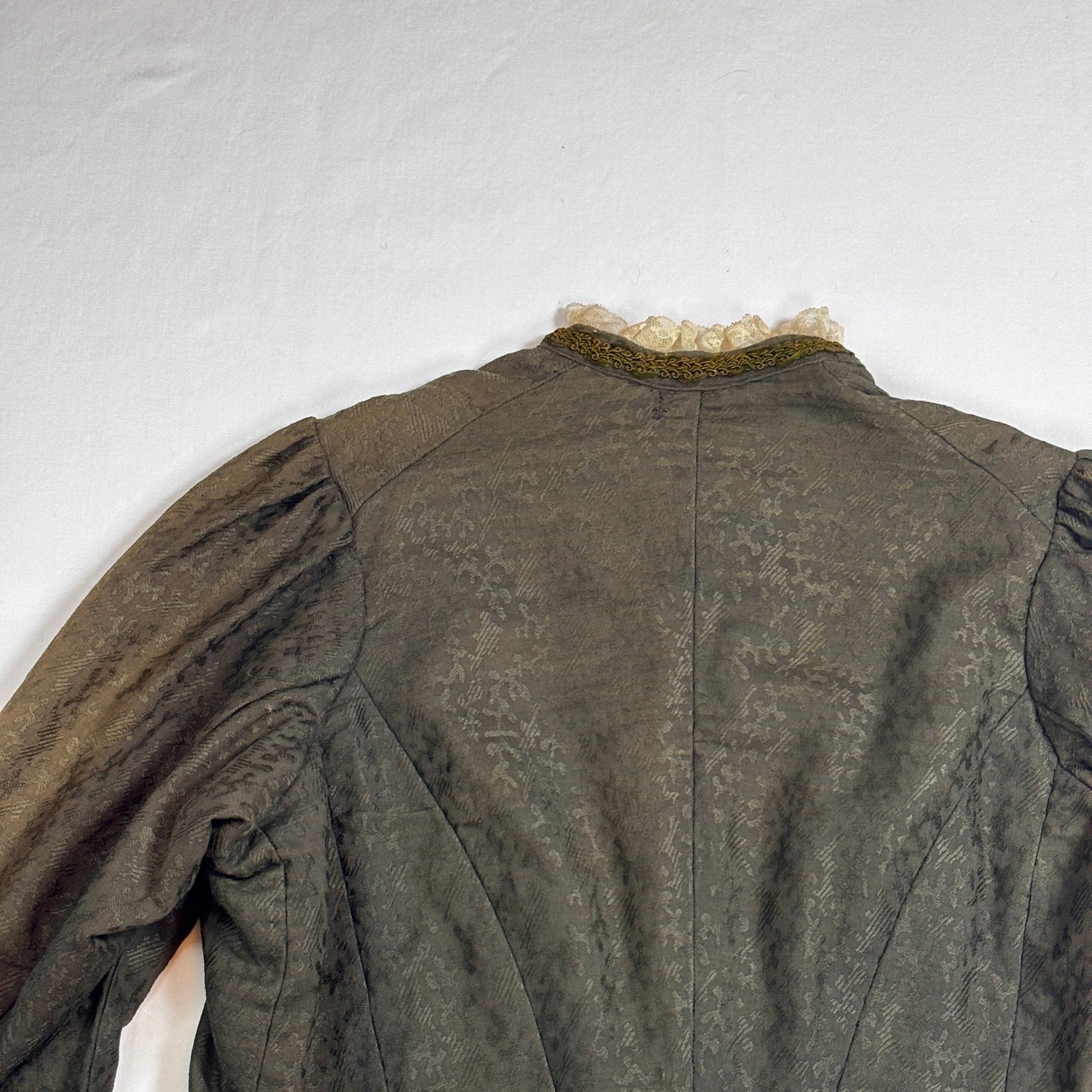 Antique Edwardian Moss Green Jacquard Wool Jacket Blouse Lace Floral Buttons