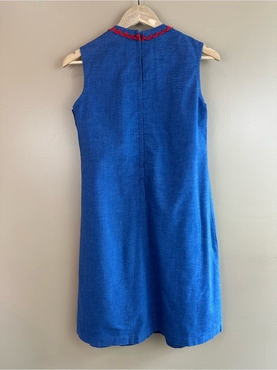 Vintage Handmade Mod Shift Dress Blue Red Ric Rac A-Line Womens S/M