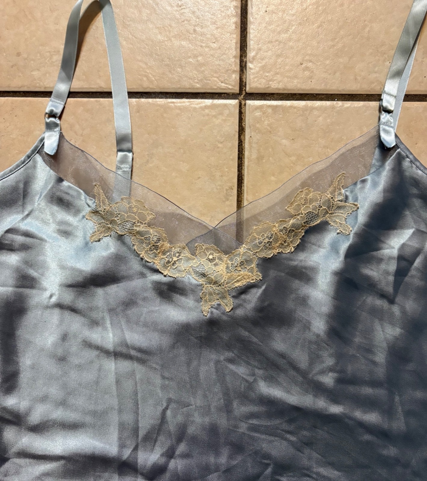 Vintage VICTORIA’S SECRET Ice Blue 100% Nylon BABY DOLL CAMISOLE CAMI Lace L!