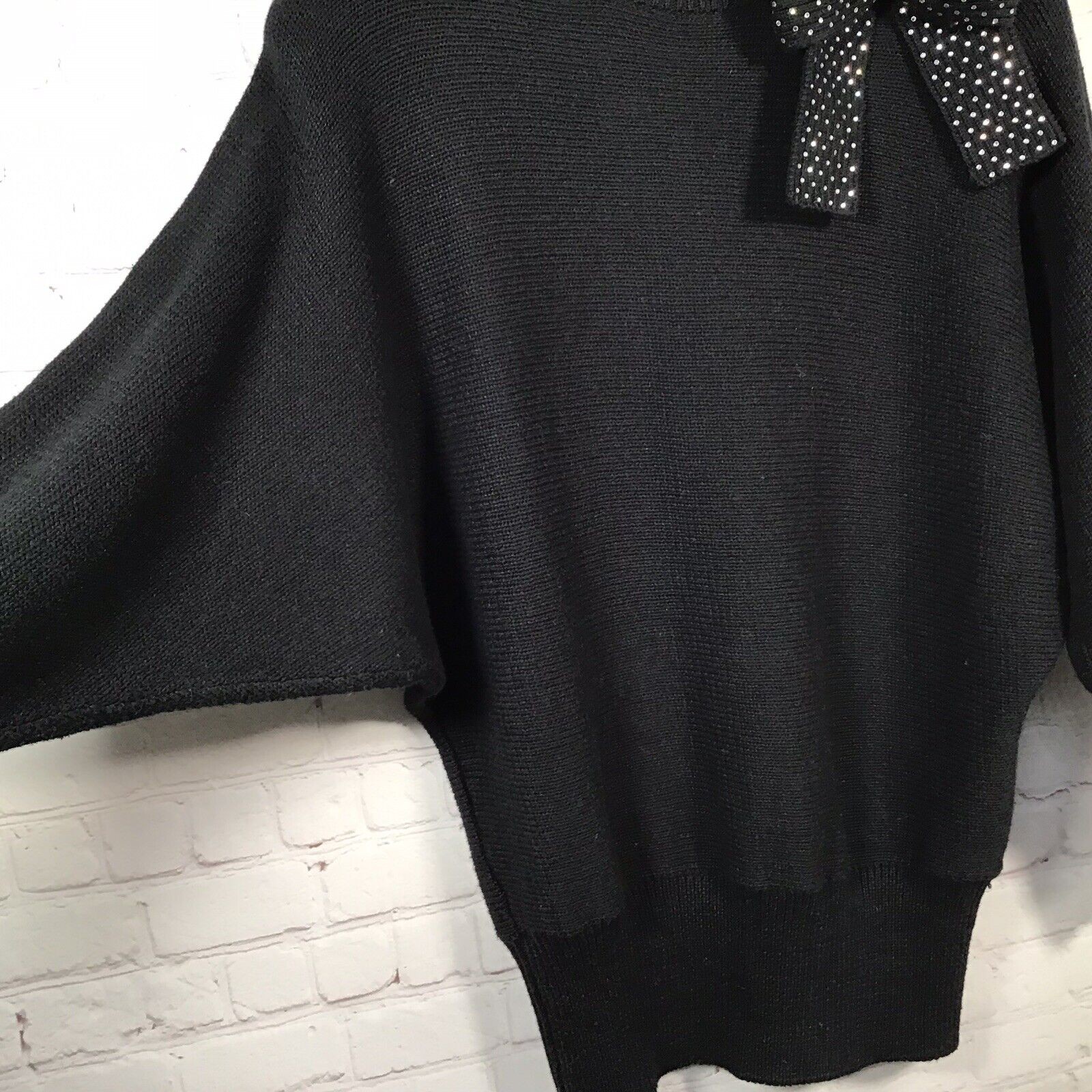 Vintage 80’s Oversized Black Rhinestone Bow Sweater Bonnie Boerer Batwing